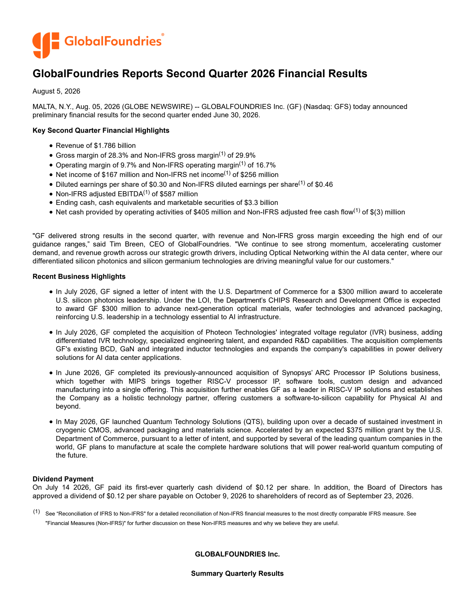 GlobalFoundries' Q2 2026 Press Release