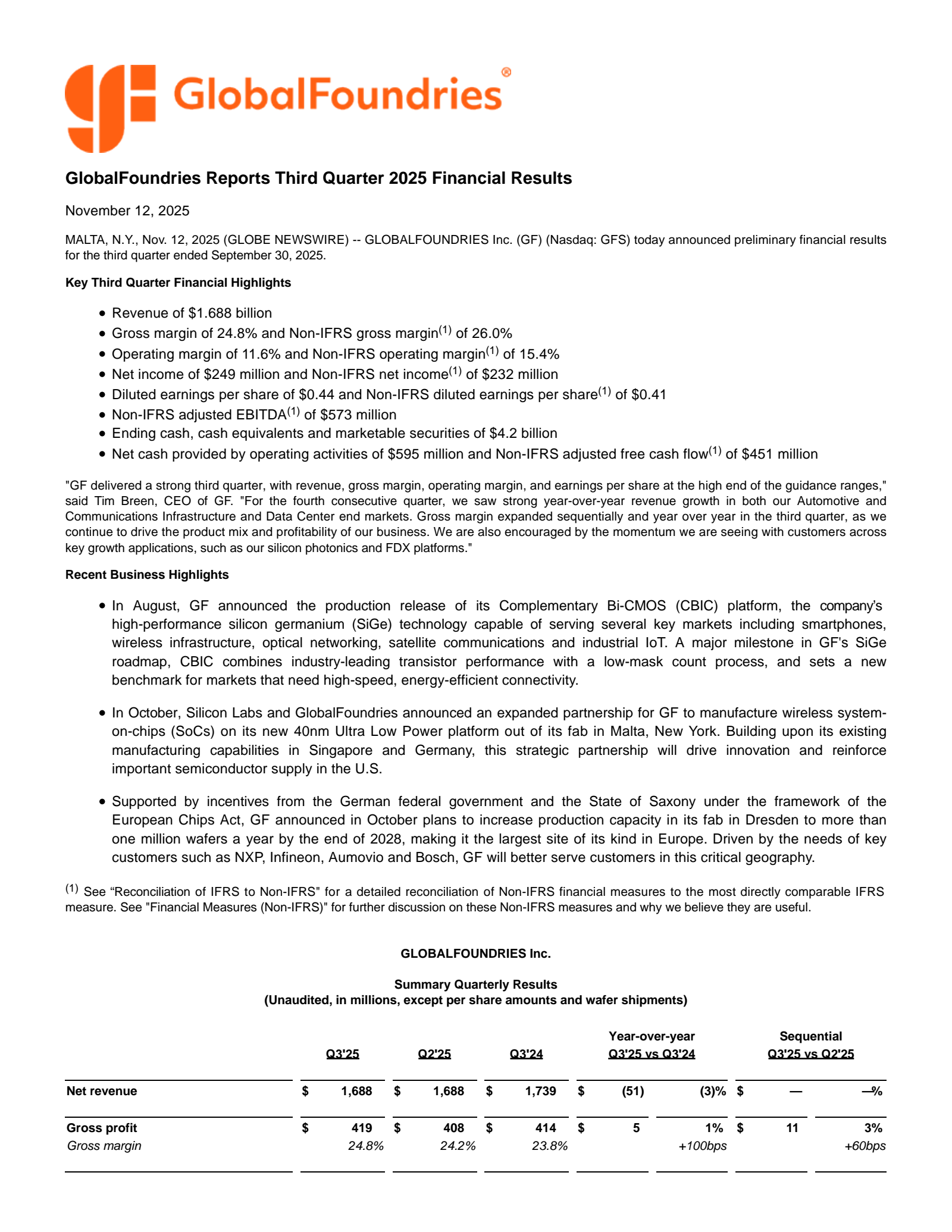 GlobalFoundries' Q3 2025 Earnings Release