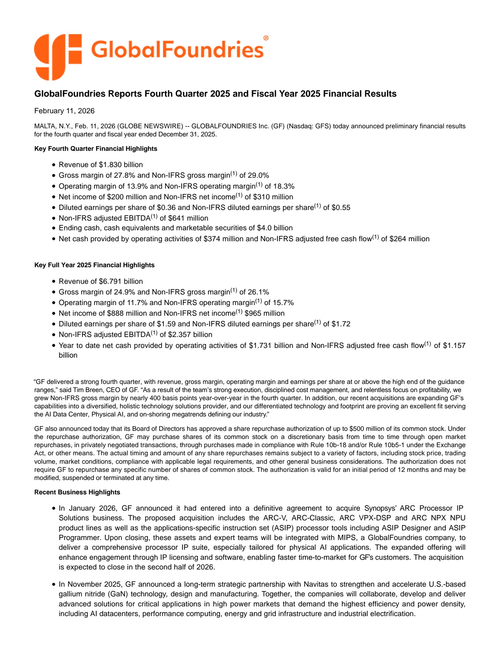 GlobalFoundries' Q4 2025 Press Release