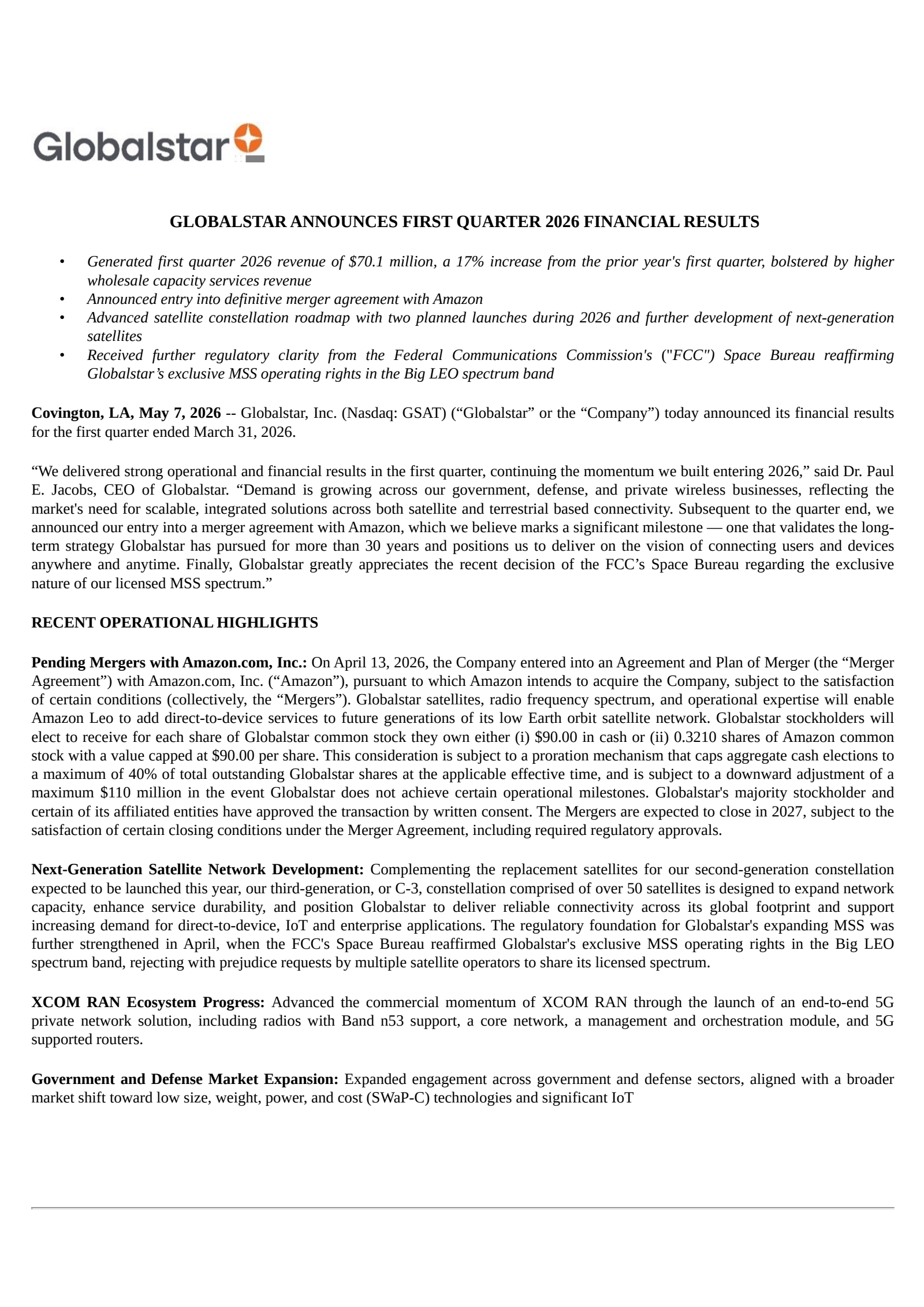 Globalstar's Q1 2026 Press Release
