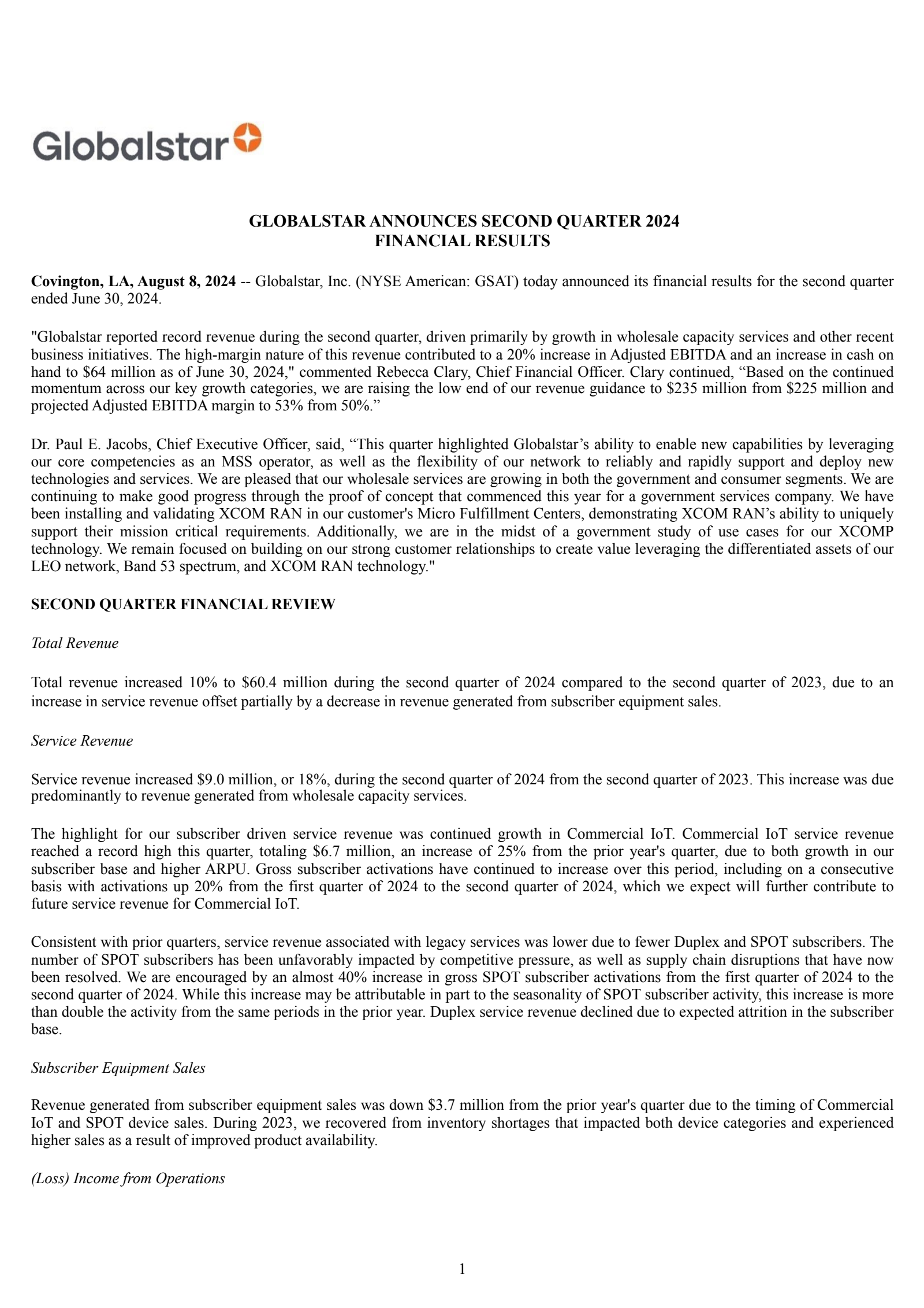 Globalstar's Q2 2024 Press Release