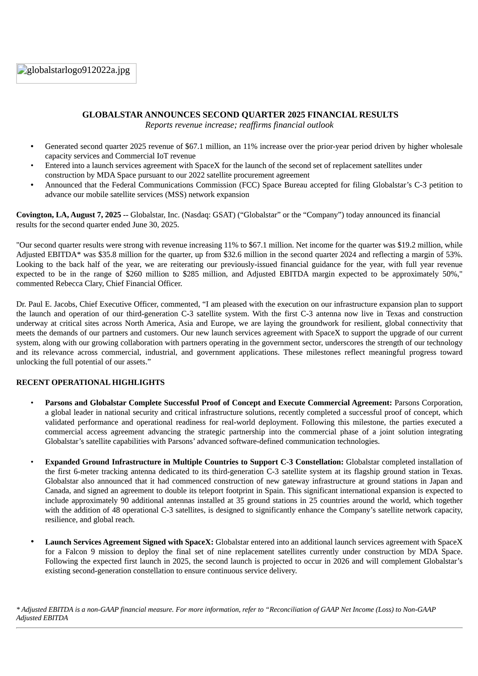 Globalstar's Q2 2025 Press Release