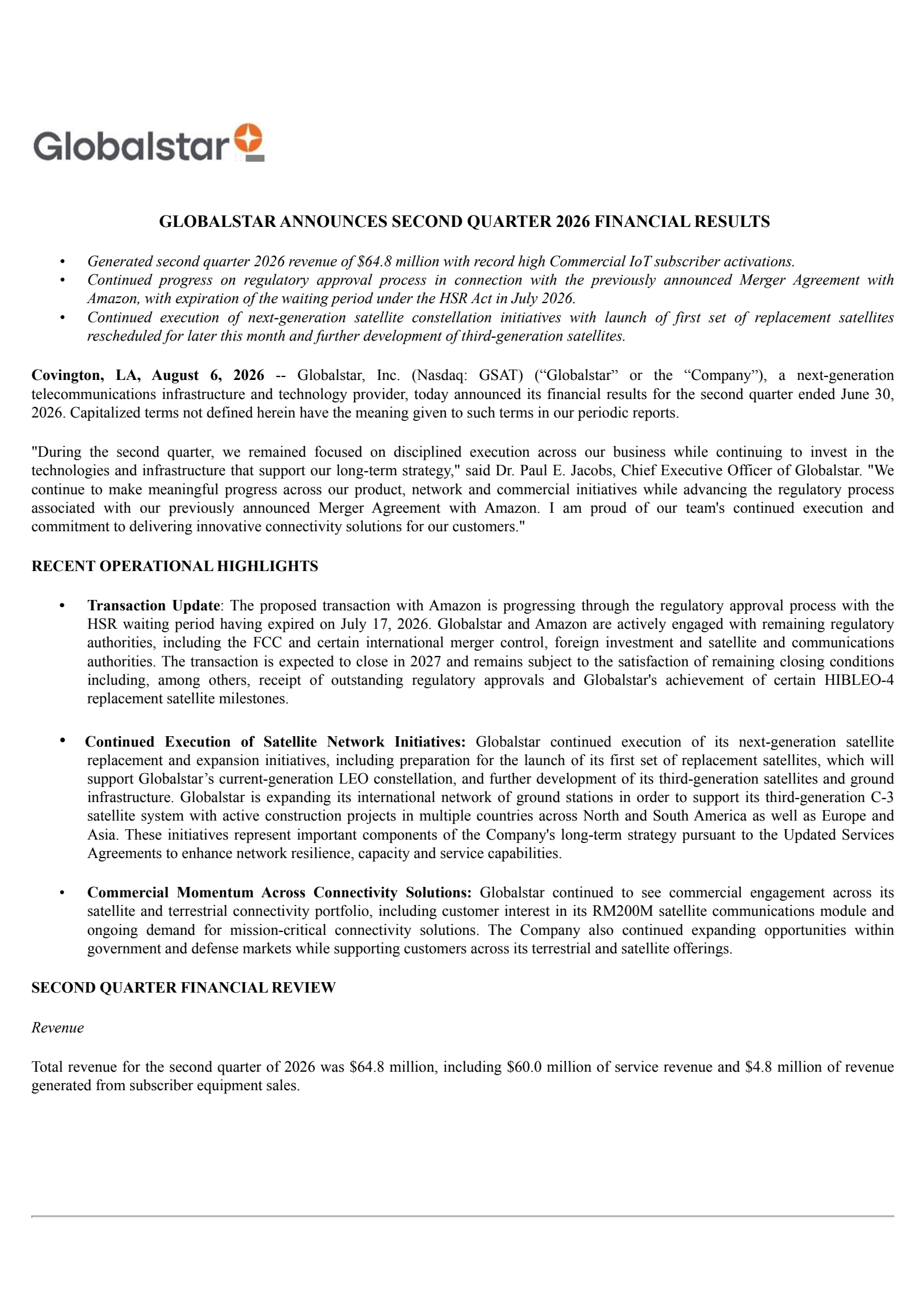 Globalstar's Q2 2026 Press Release