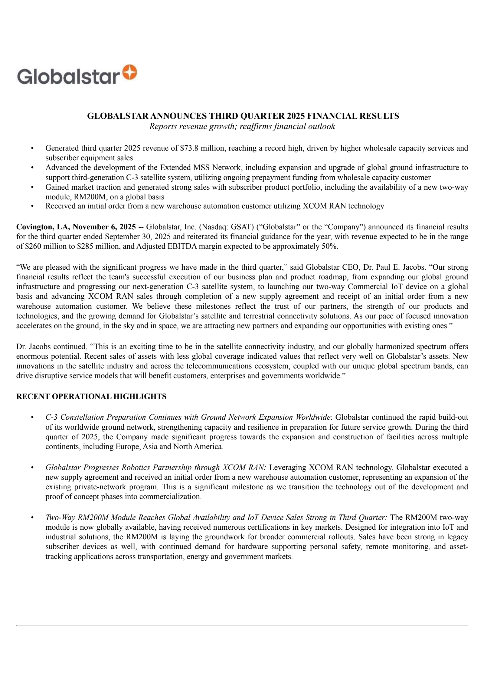 Globalstar's Q3 2025 Earnings Release