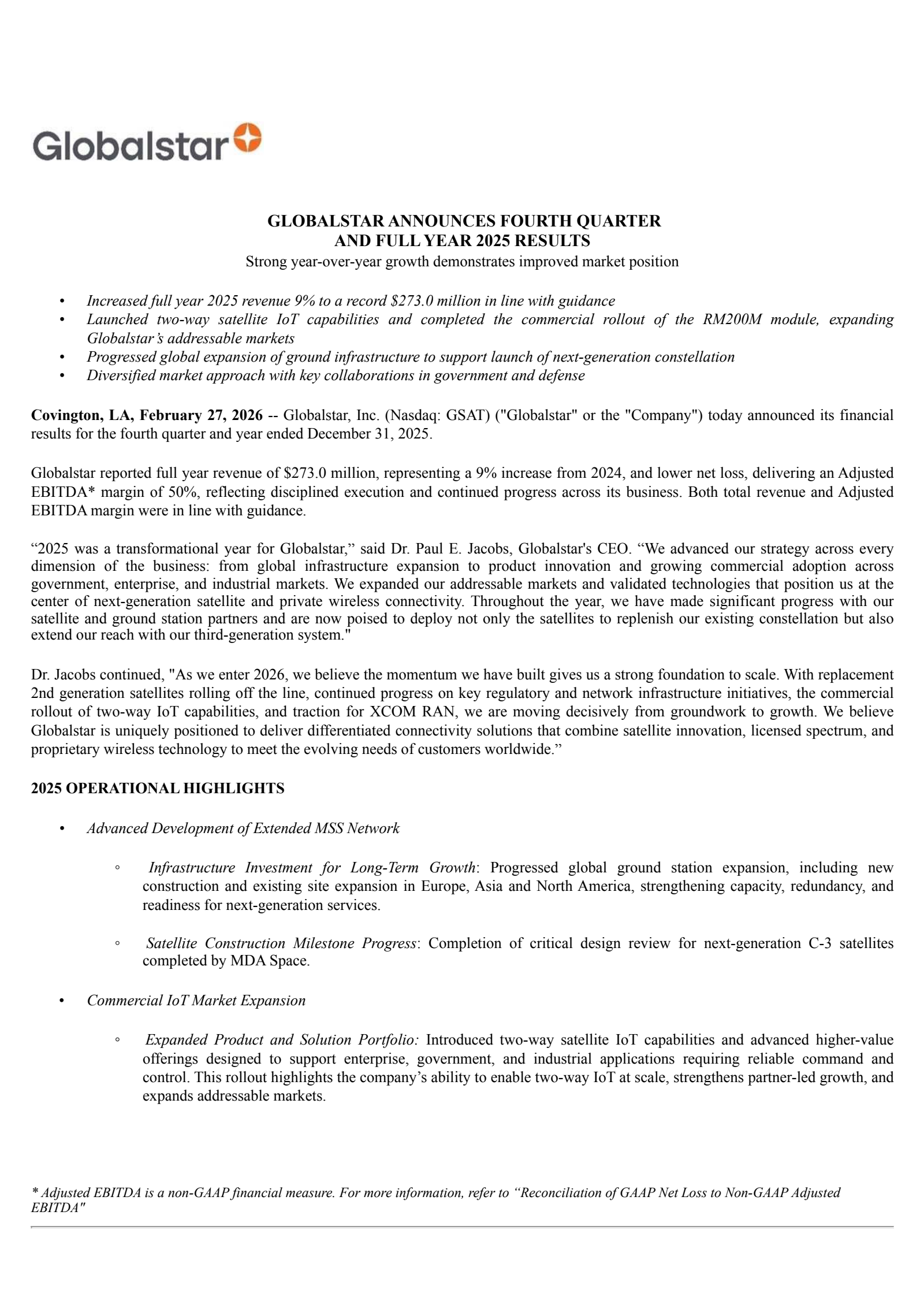 Globalstar's Q4 2025 Press Release