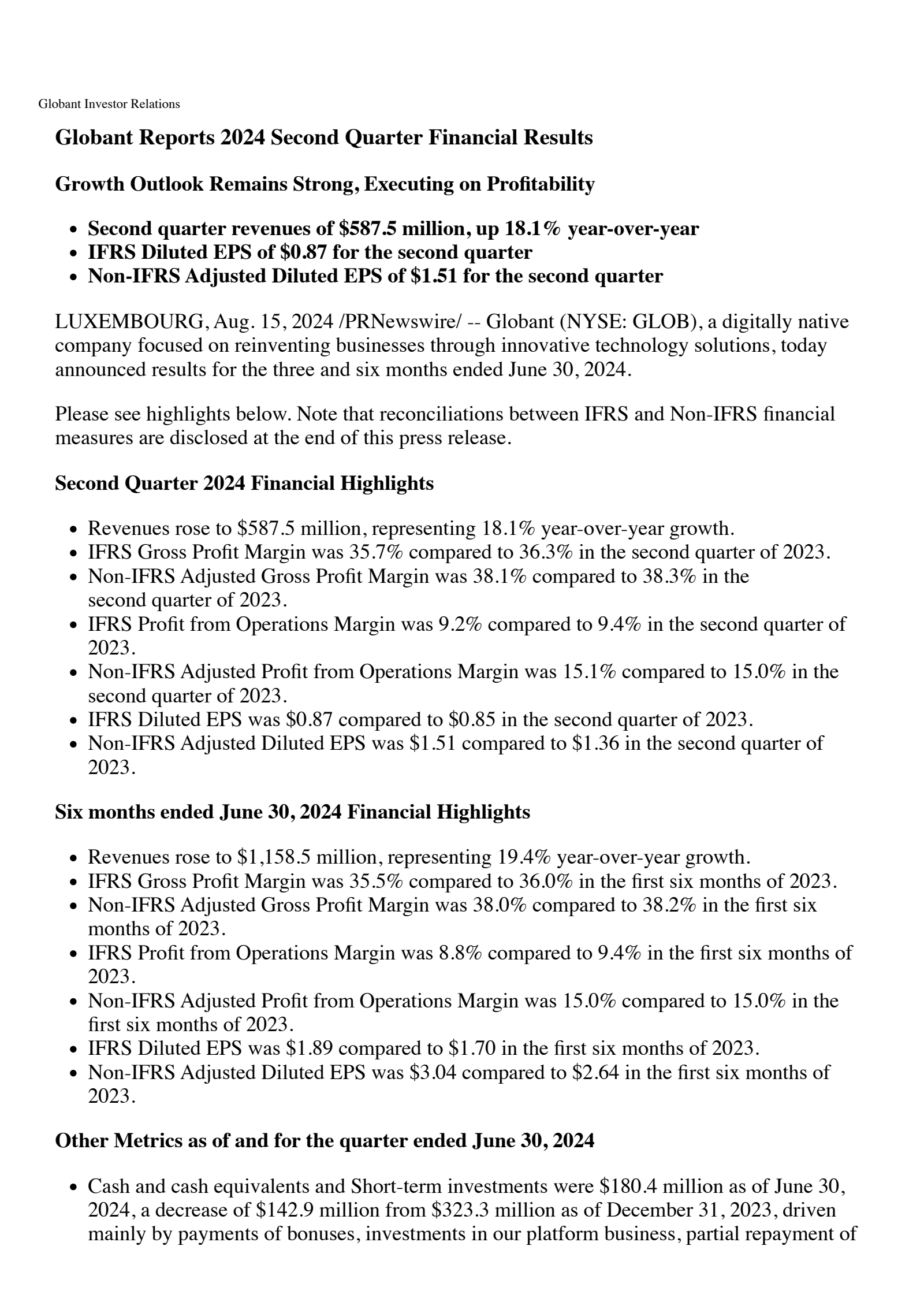 Globant's Q2 2024 Earnings Release