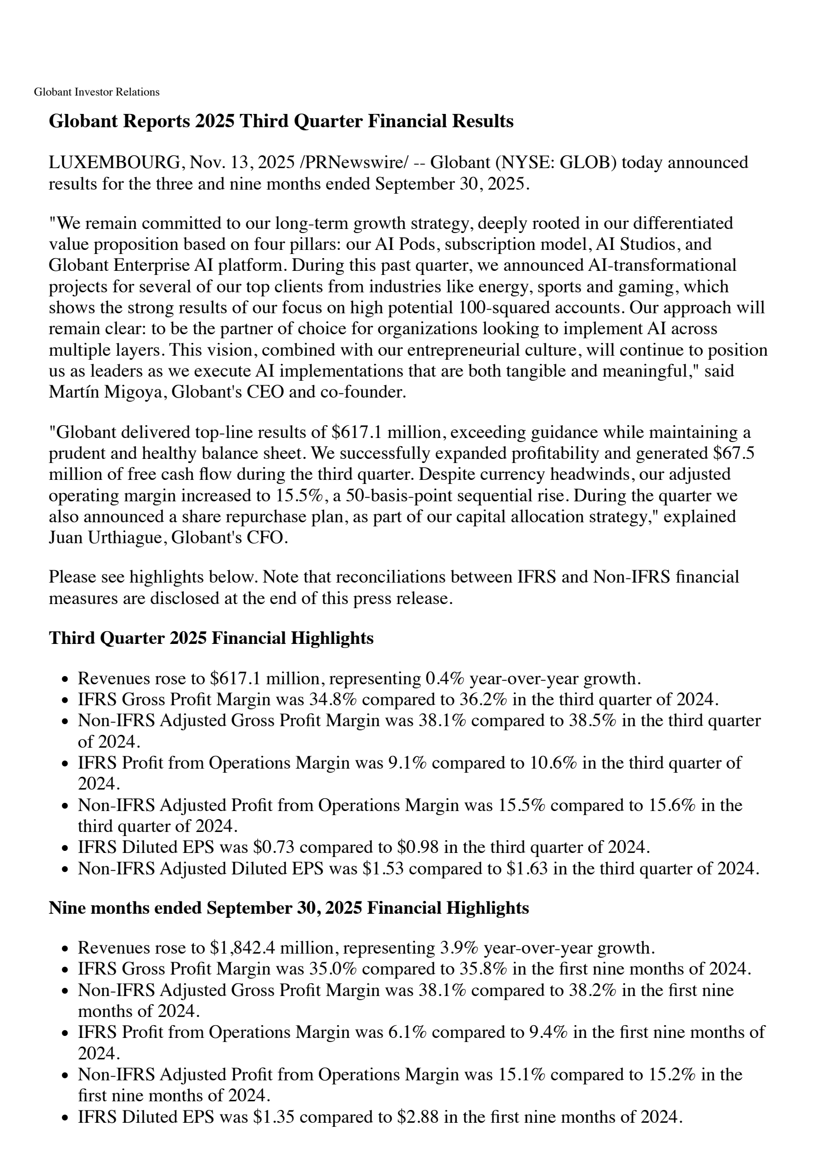 Globant's Q3 2025 Press Release