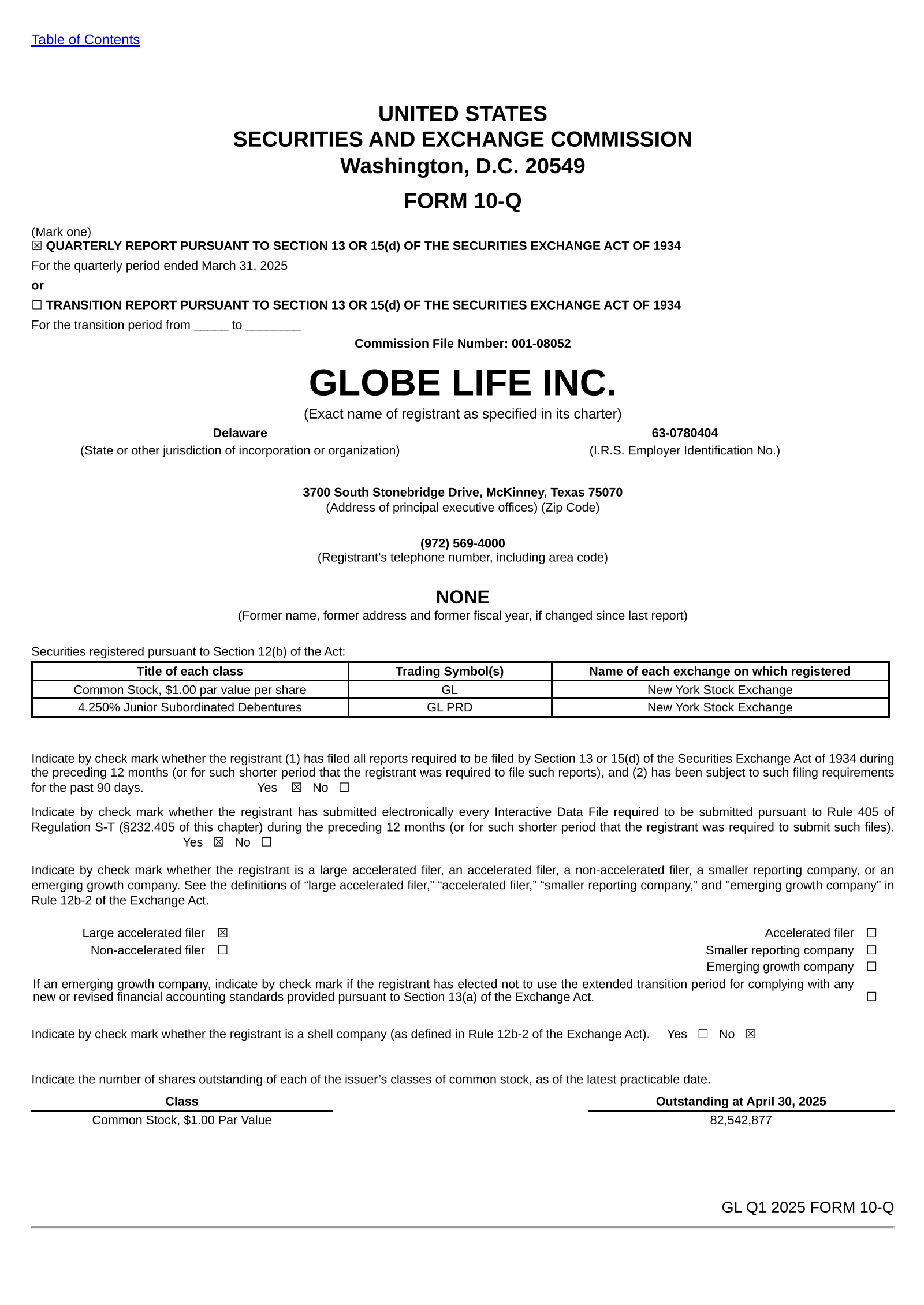 Globe Life's Q1 2025 Quarterly report