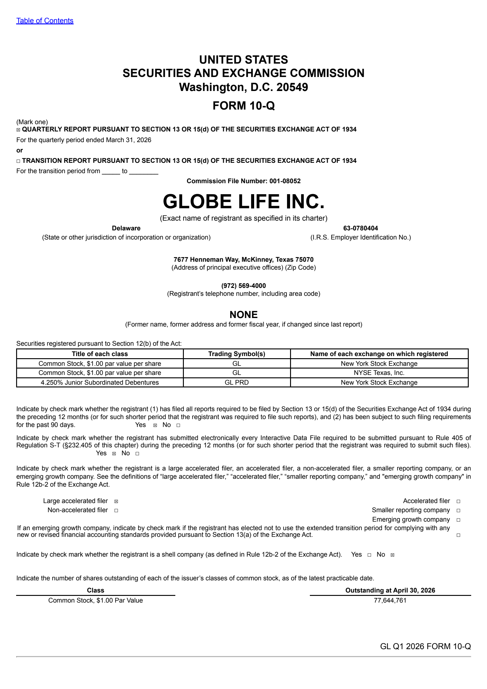 Globe Life's Q1 2026 Quarterly report