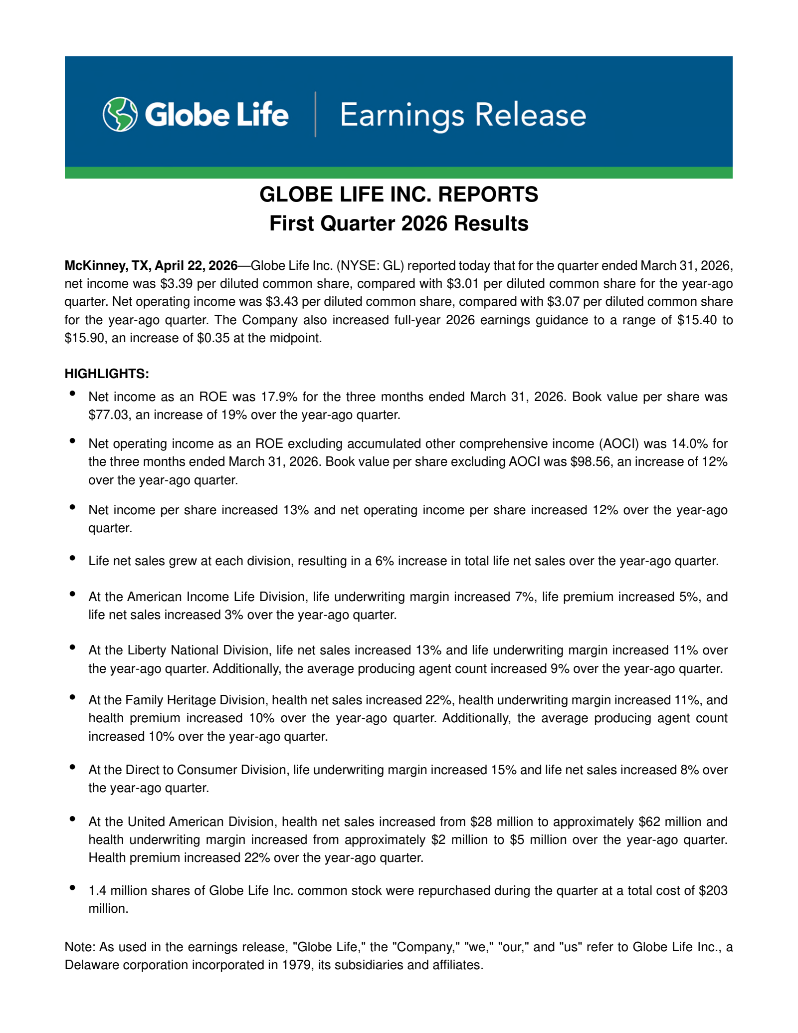 Globe Life's Q1 2026 Press Release