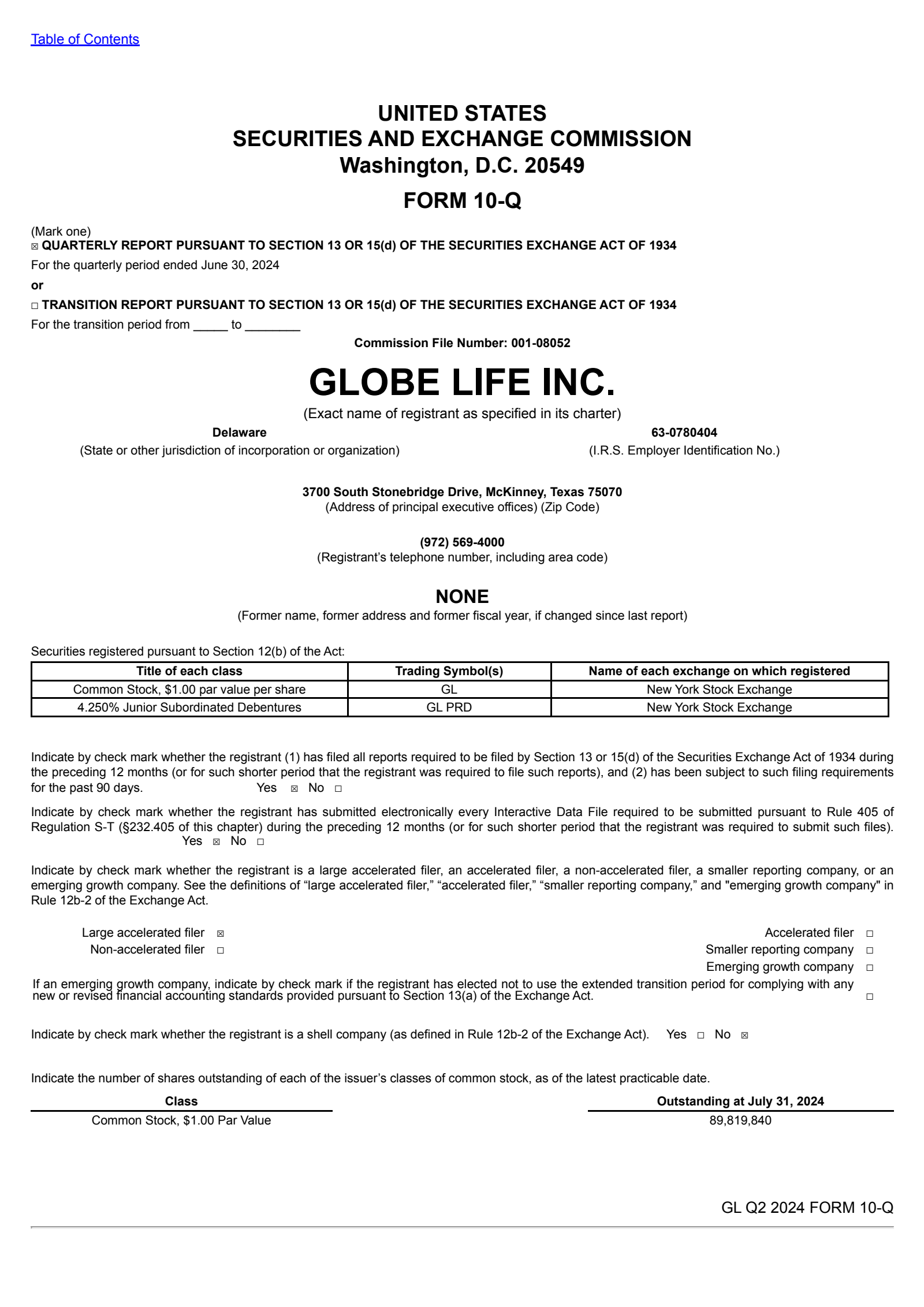 Globe Life's Q2 2024 Quarterly report