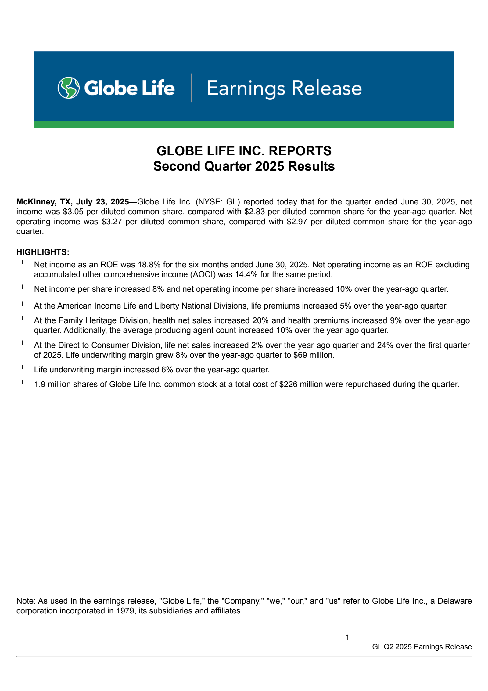 Globe Life's Q2 2025 Press Release