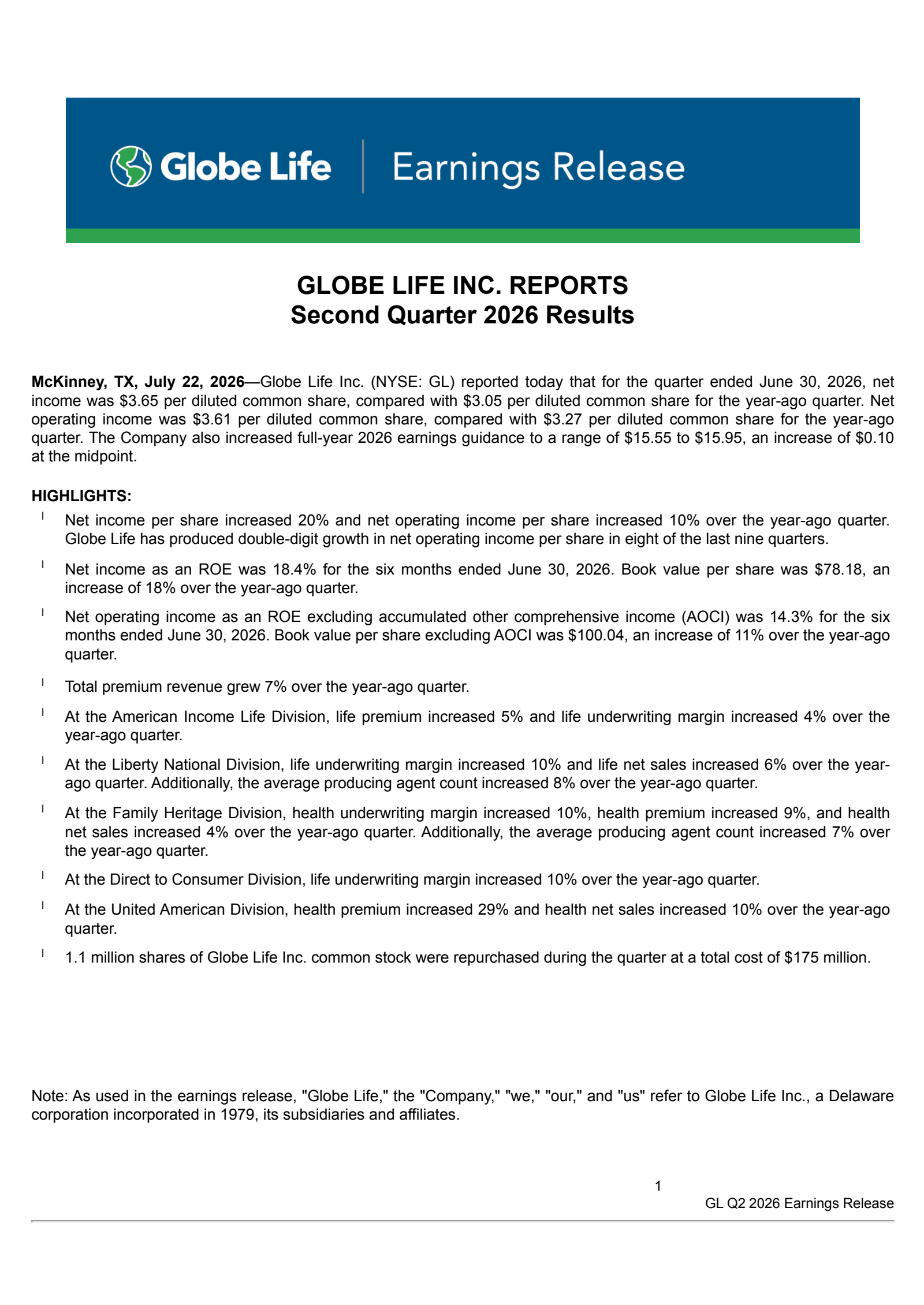 Globe Life's Q2 2026 Press Release