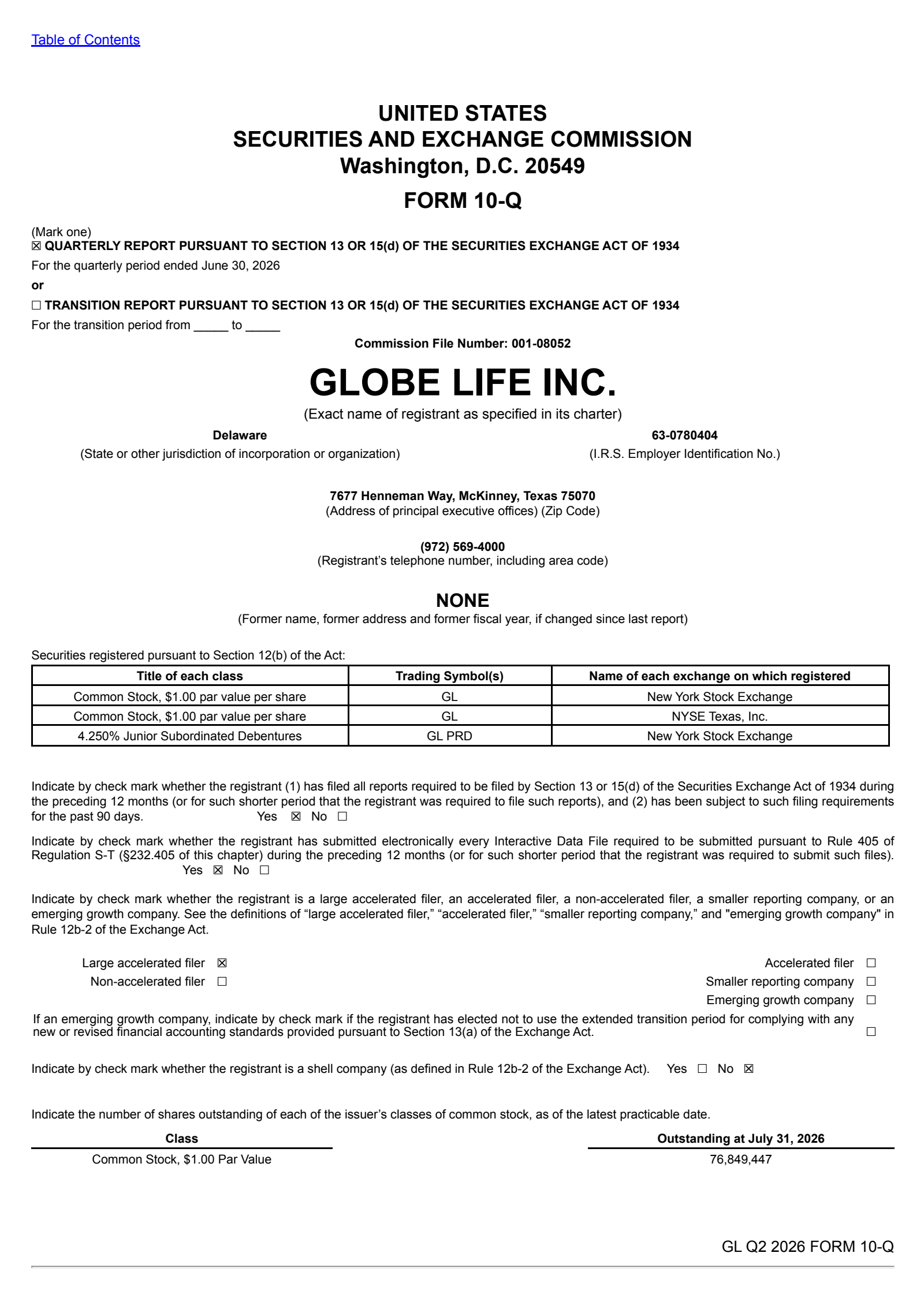 Globe Life's Q2 2026 Quarterly report