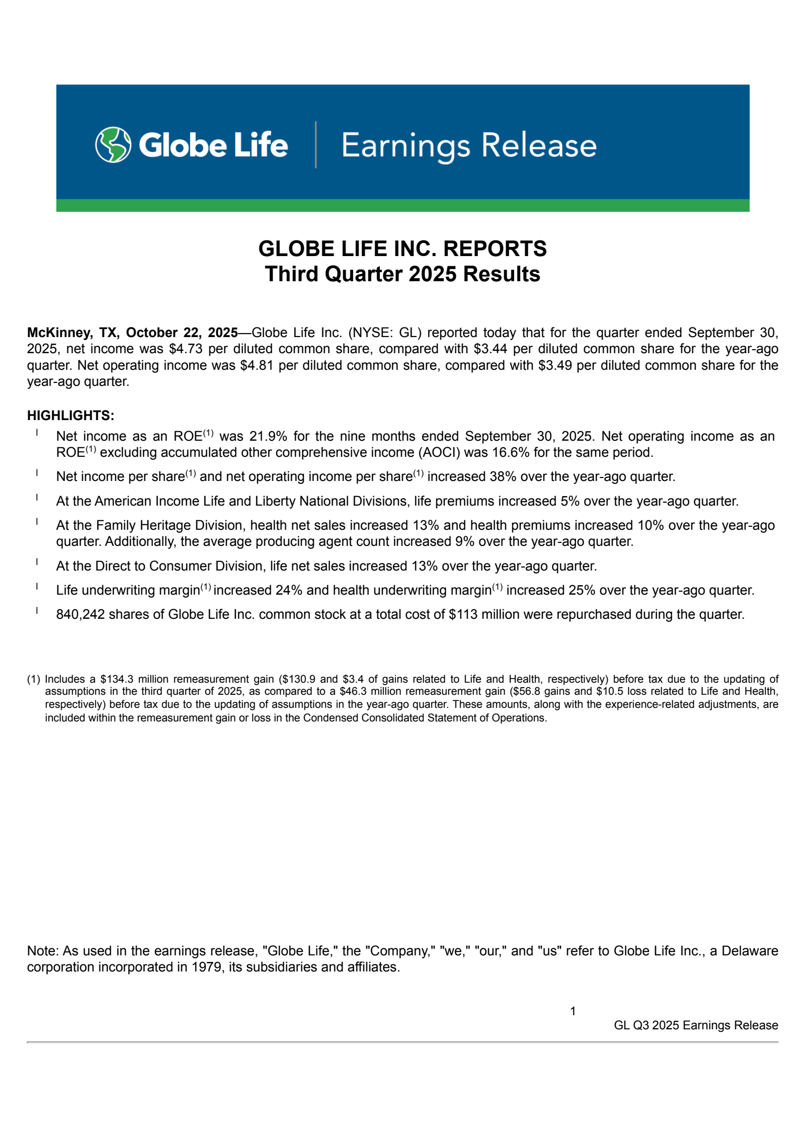 Globe Life's Q3 2025 Earnings Release