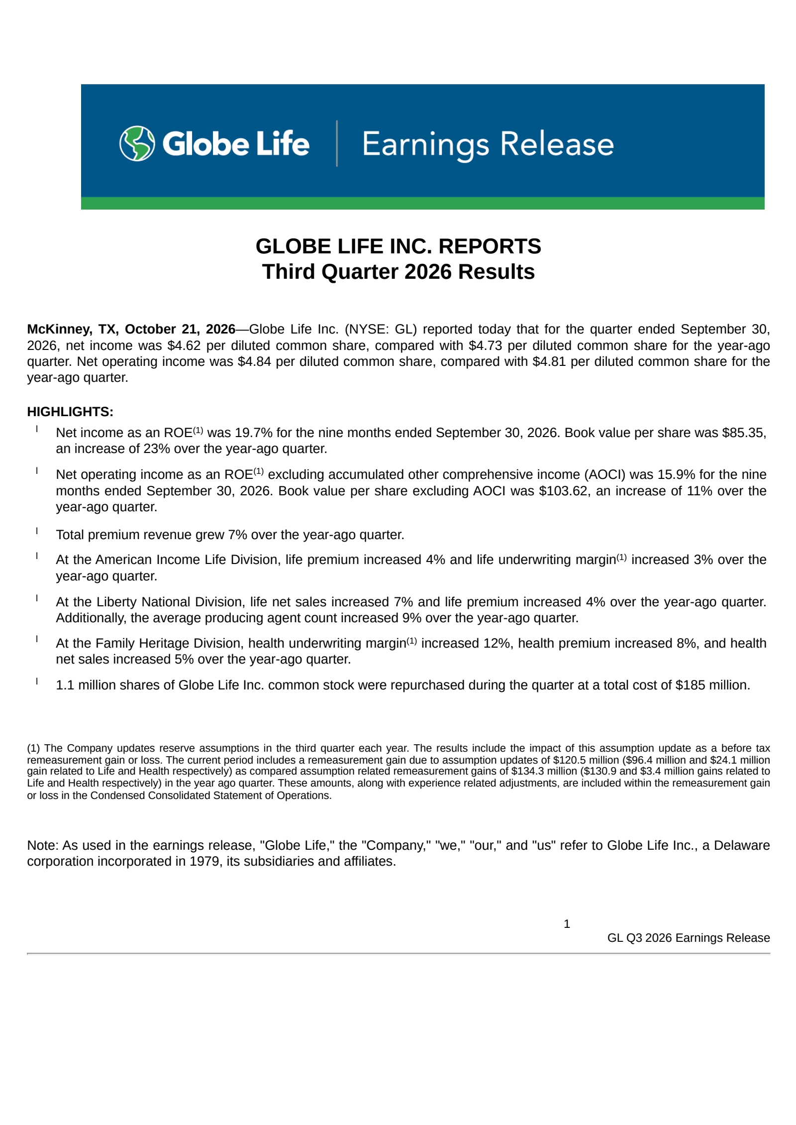 Globe Life's Q3 2026 Press Release