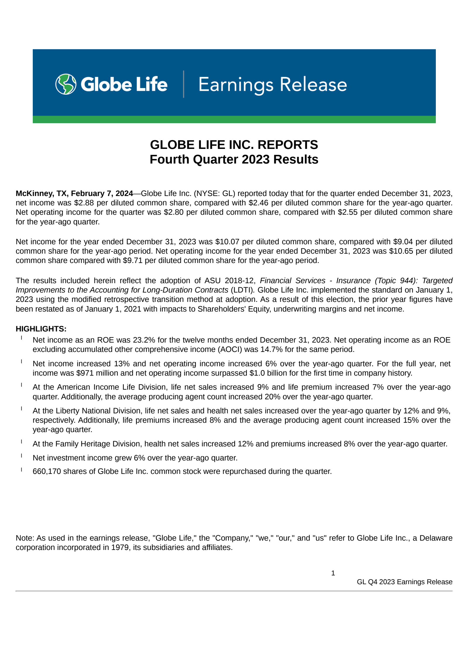 Globe Life's Q4 2023 Press Release