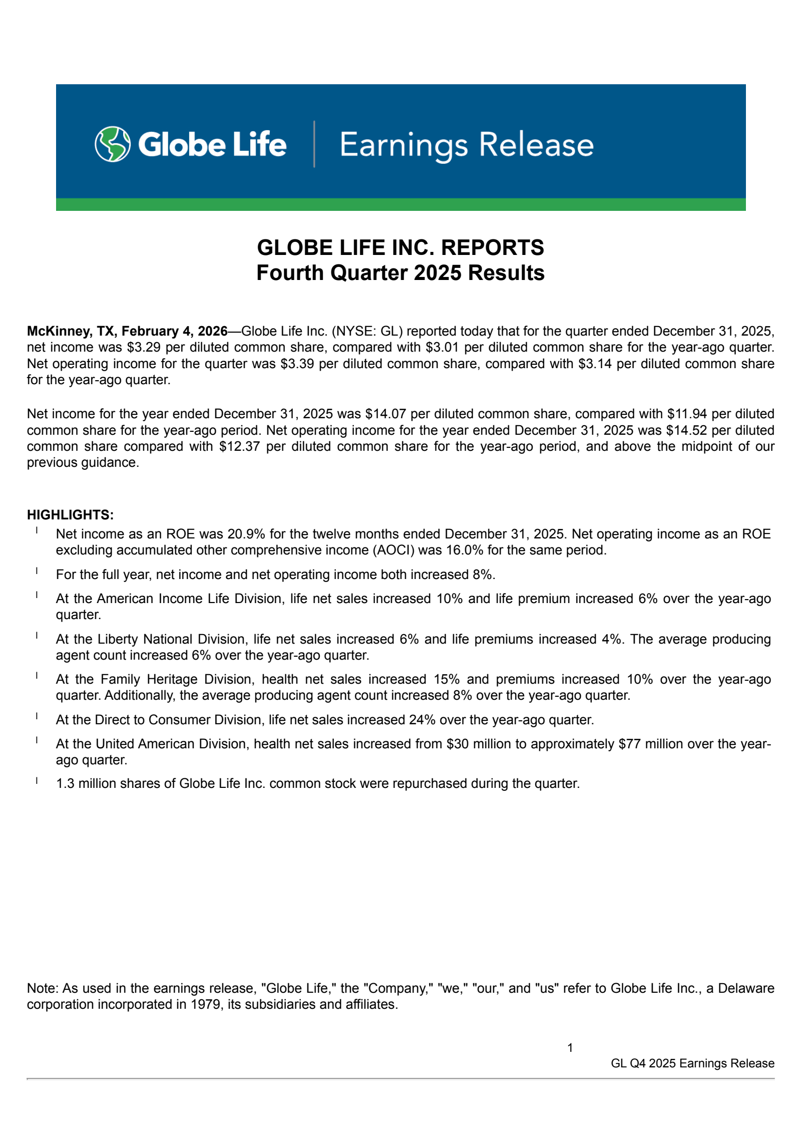 Globe Life's Q4 2025 Press Release