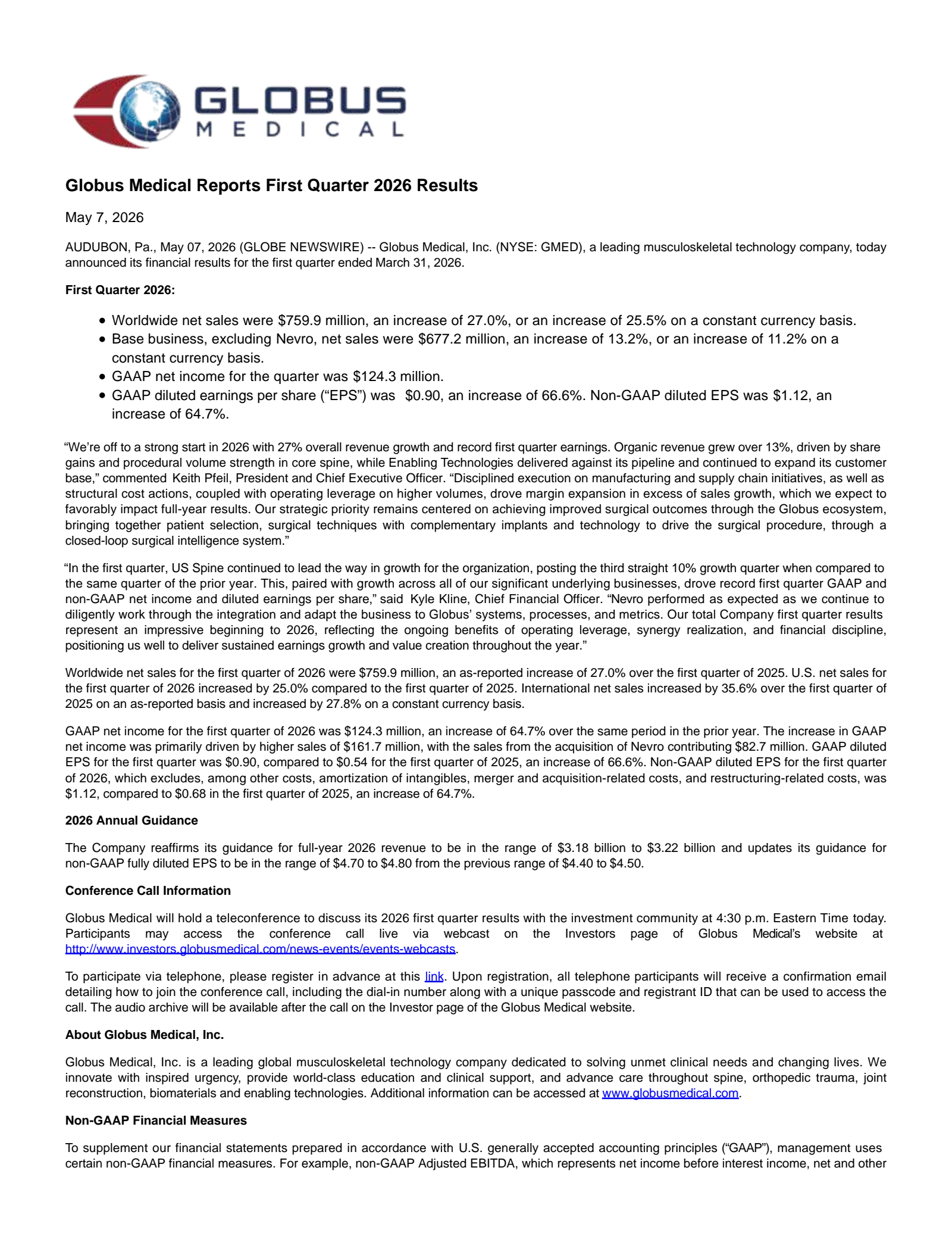 Globus Medical's Q1 2026 Press Release