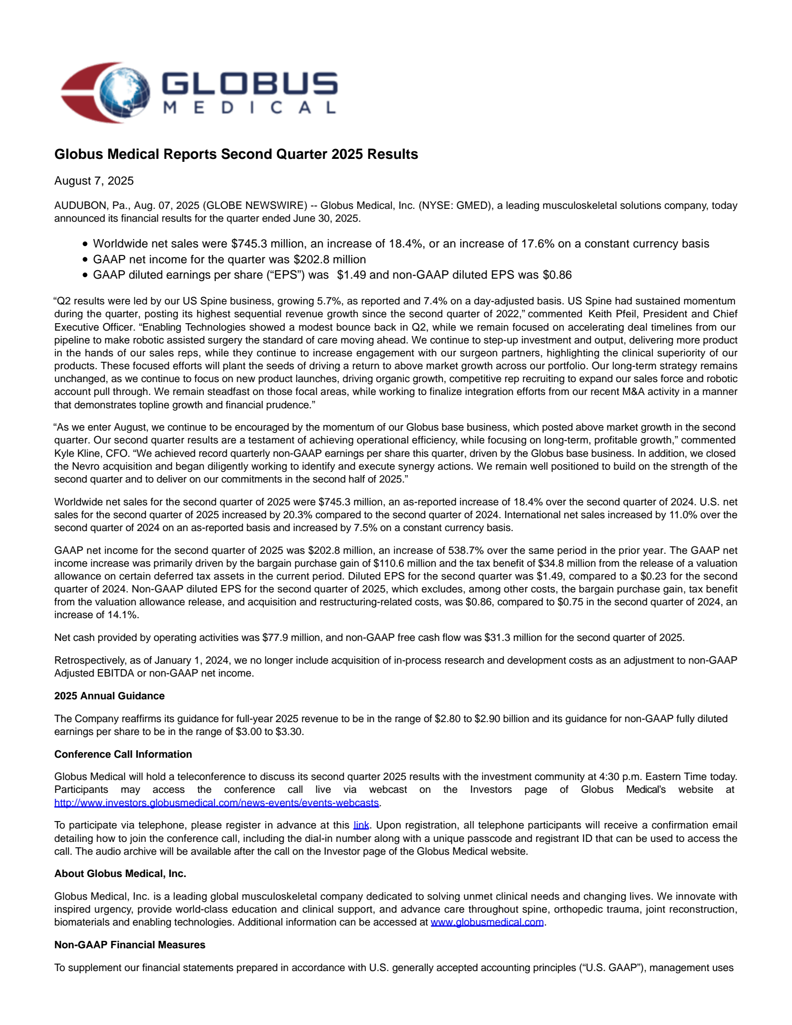 Globus Medical's Q2 2025 Press Release