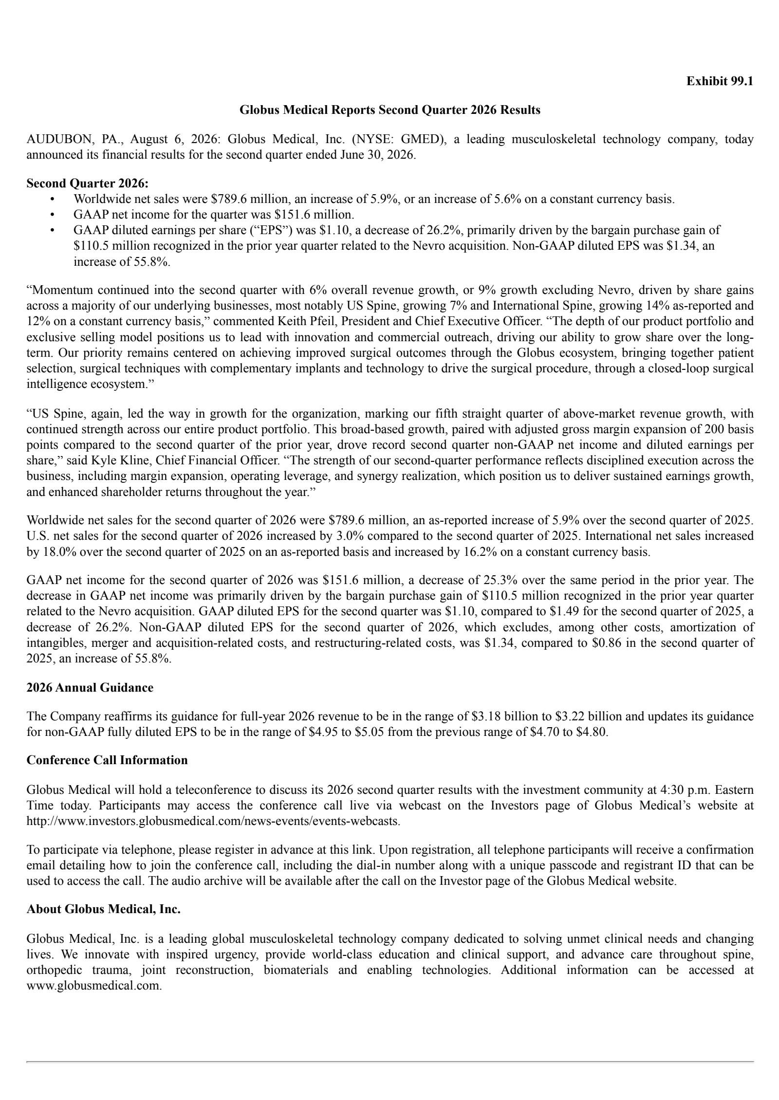 Globus Medical's Q2 2026 Press Release
