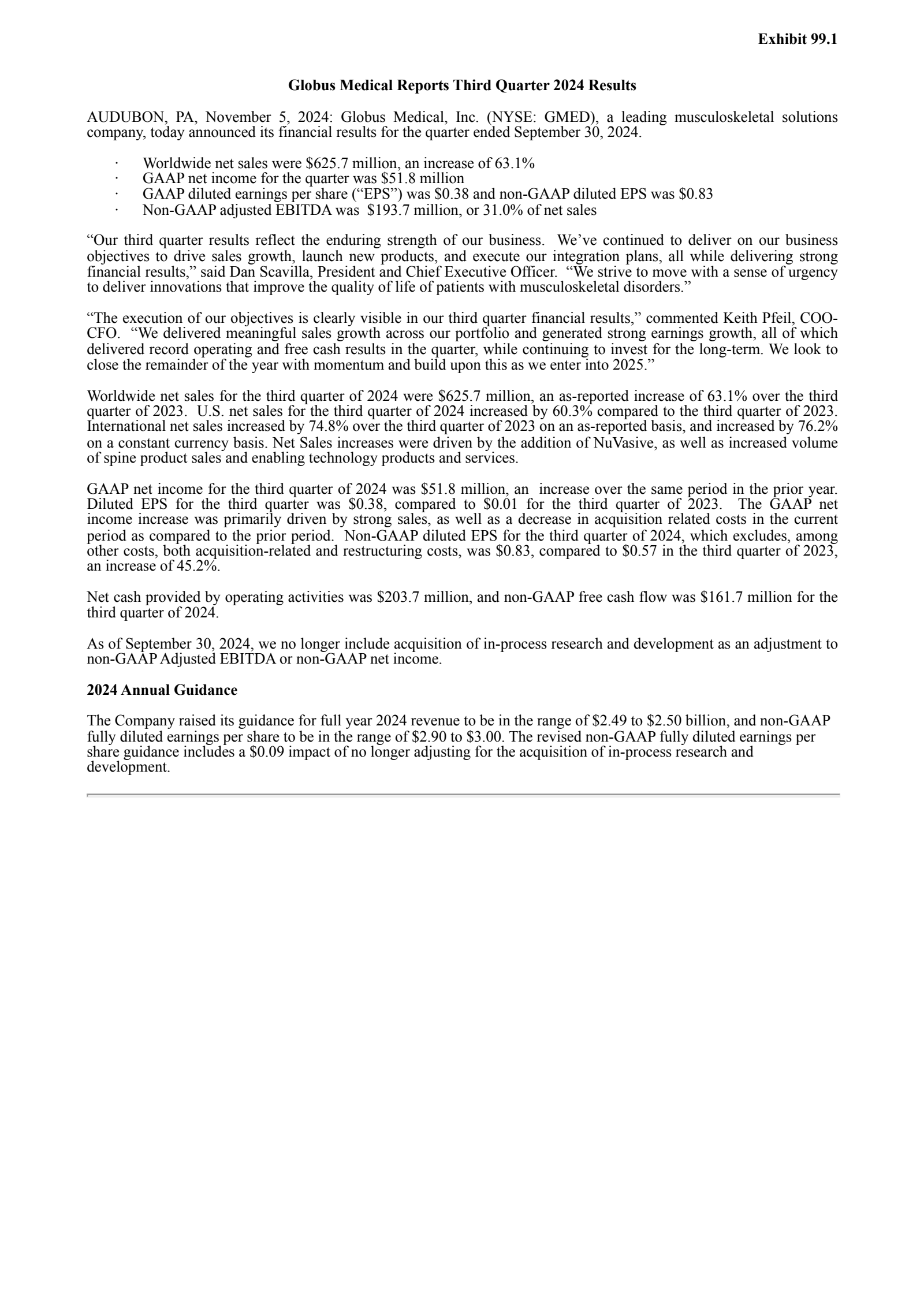 Globus Medical's Q3 2024 Press Release