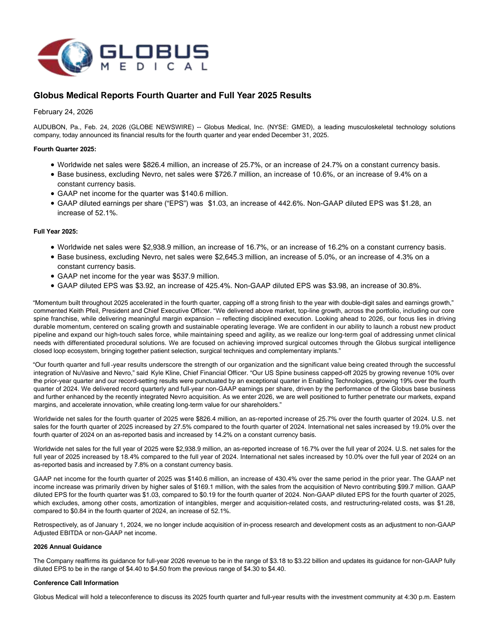 Globus Medical's Q4 2025 Press Release