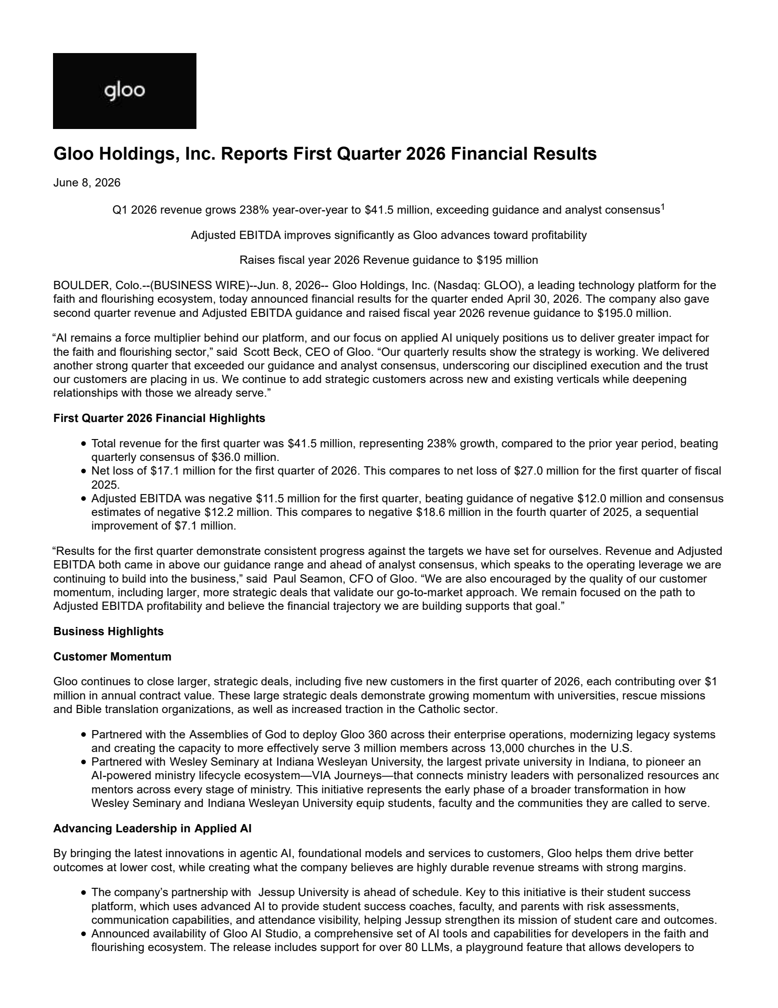 Gloo's Q1 2027 Press Release