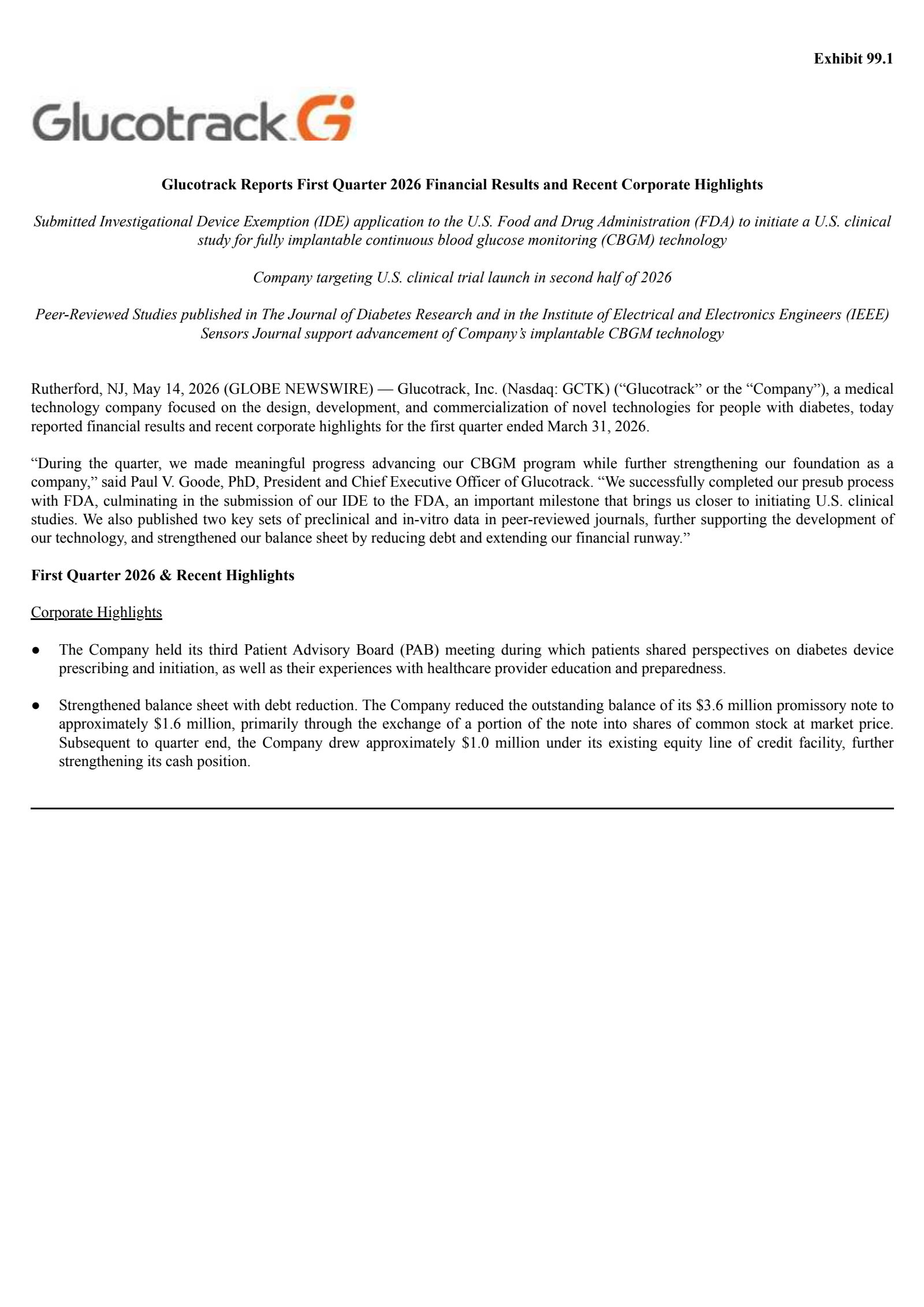 GlucoTrack's Q1 2026 Press Release