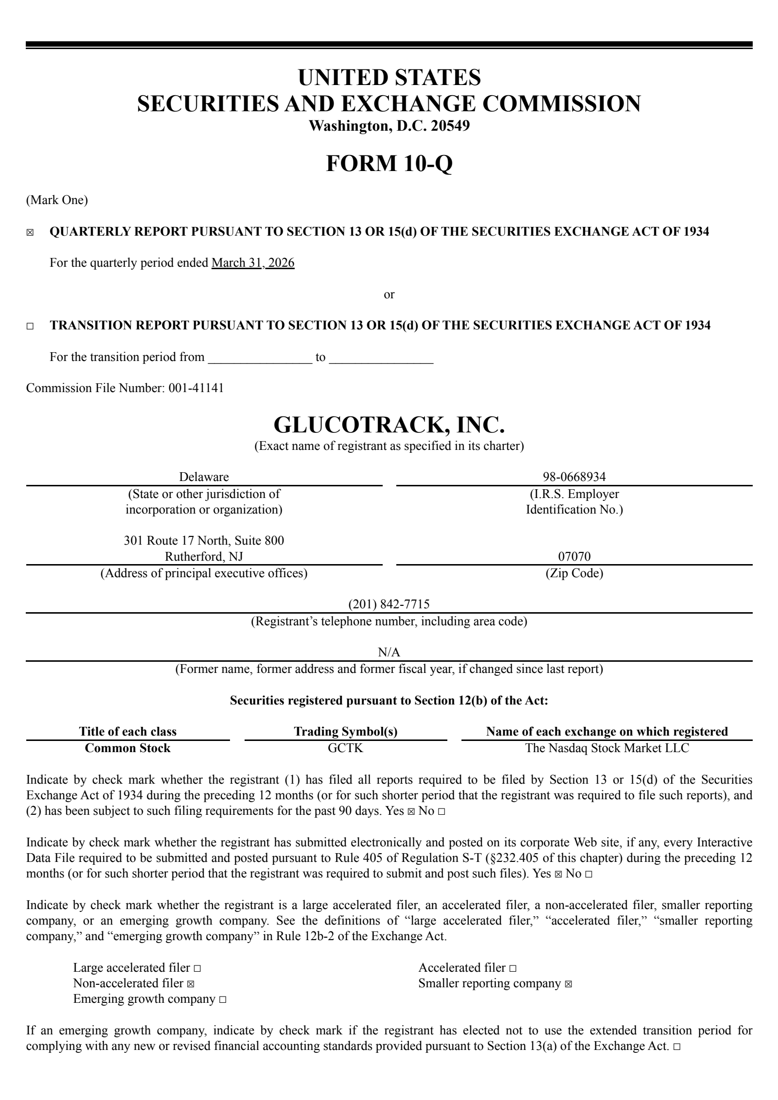 GlucoTrack's Q1 2026 Quarterly report