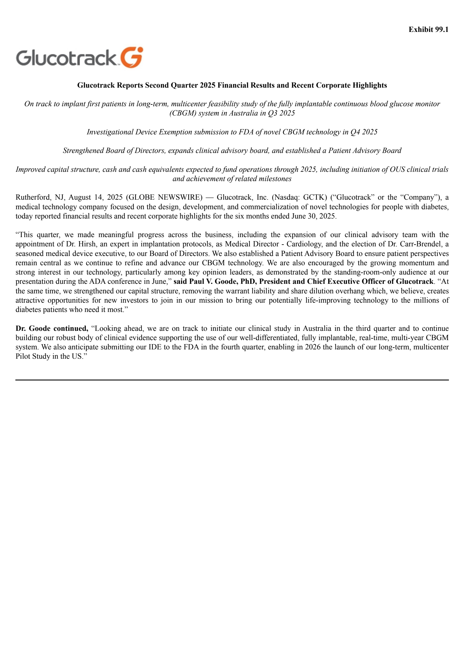 GlucoTrack's Q2 2025 Press Release