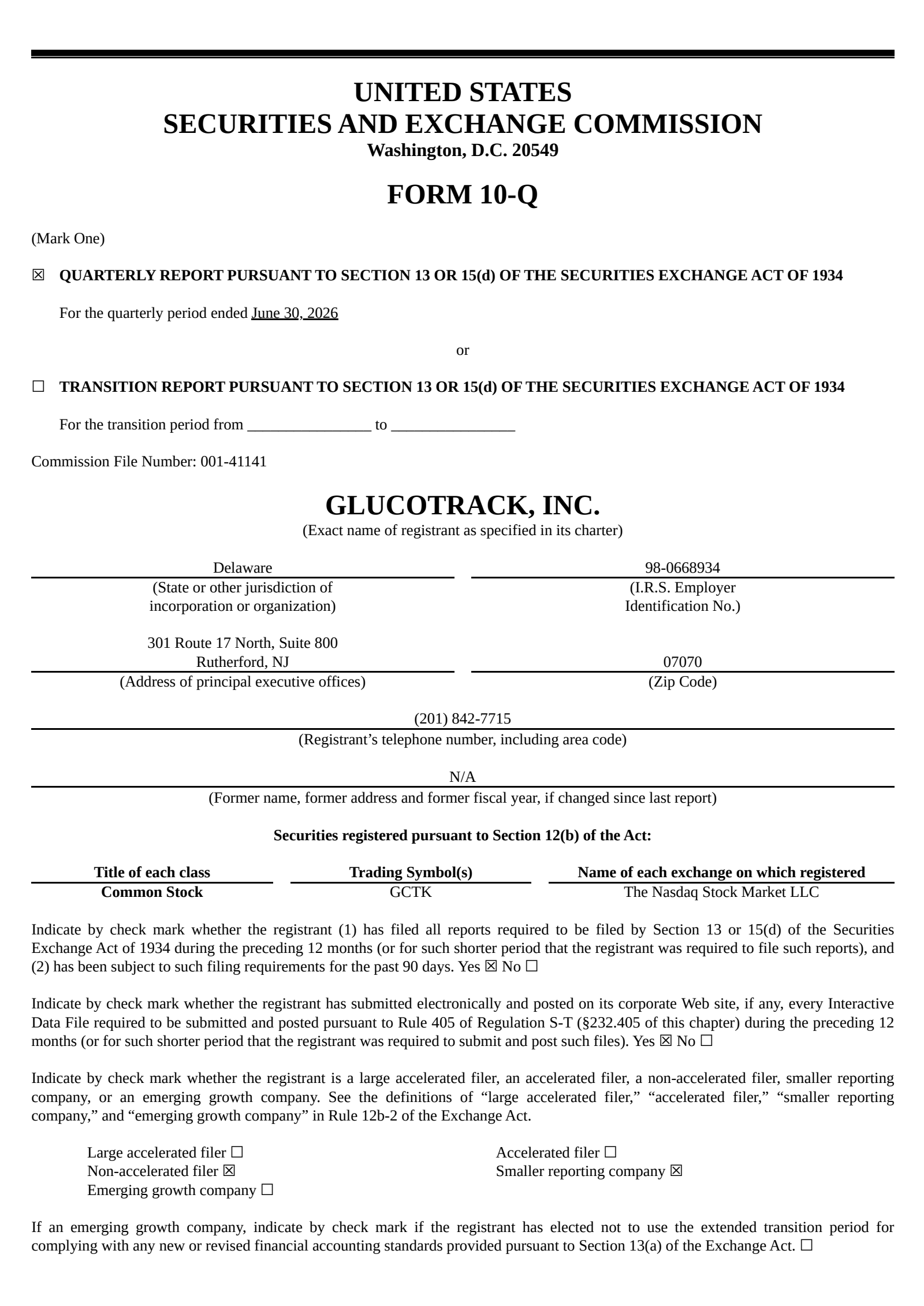 GlucoTrack's Q2 2026 Quarterly report