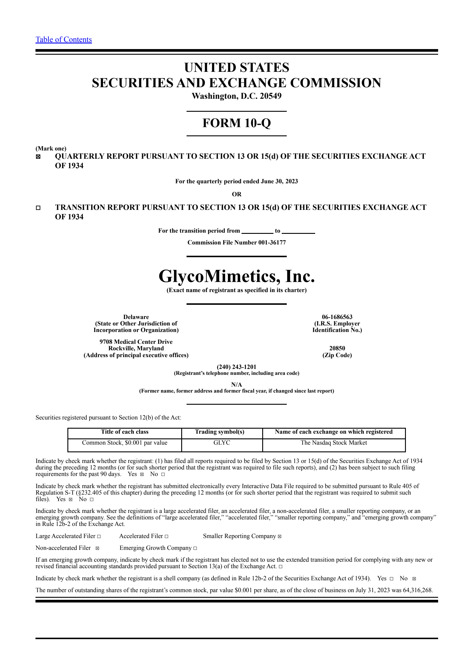 GlycoMimetics' Q2 2023 Quarterly report