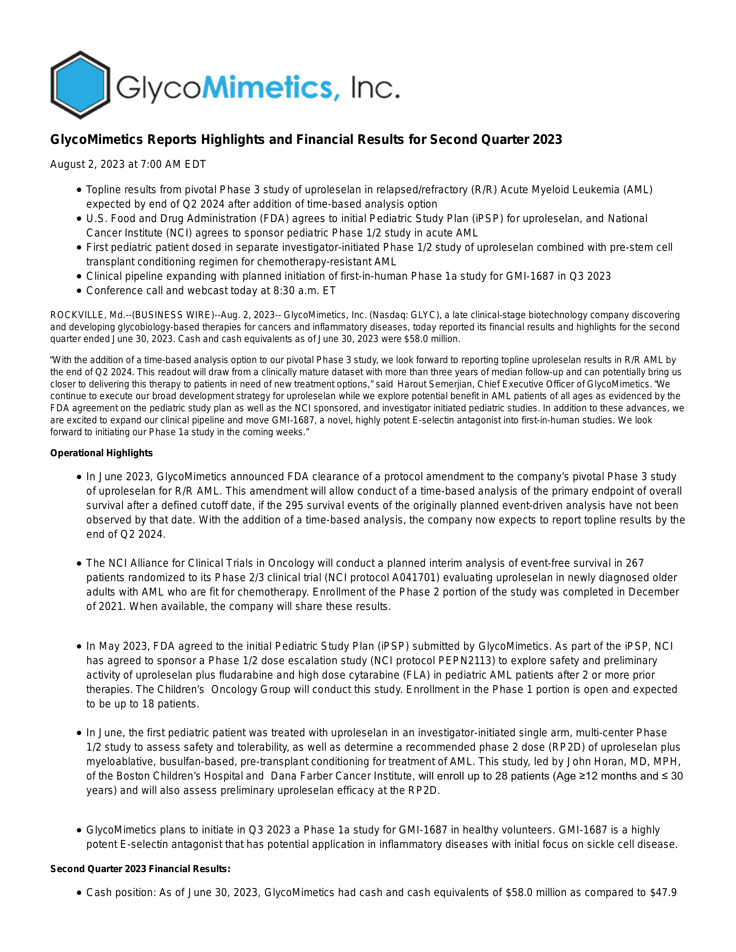 GlycoMimetics' Q2 2023 Press Release