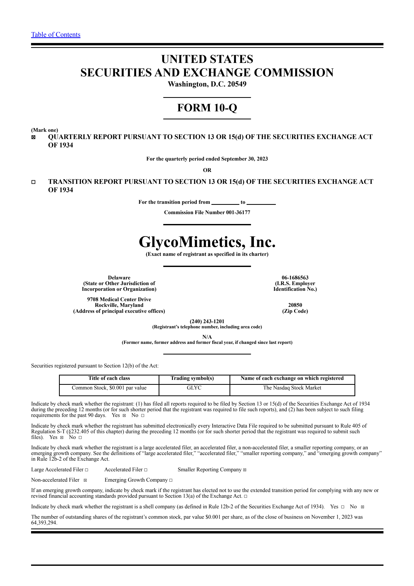 GlycoMimetics' Q3 2023 Quarterly report