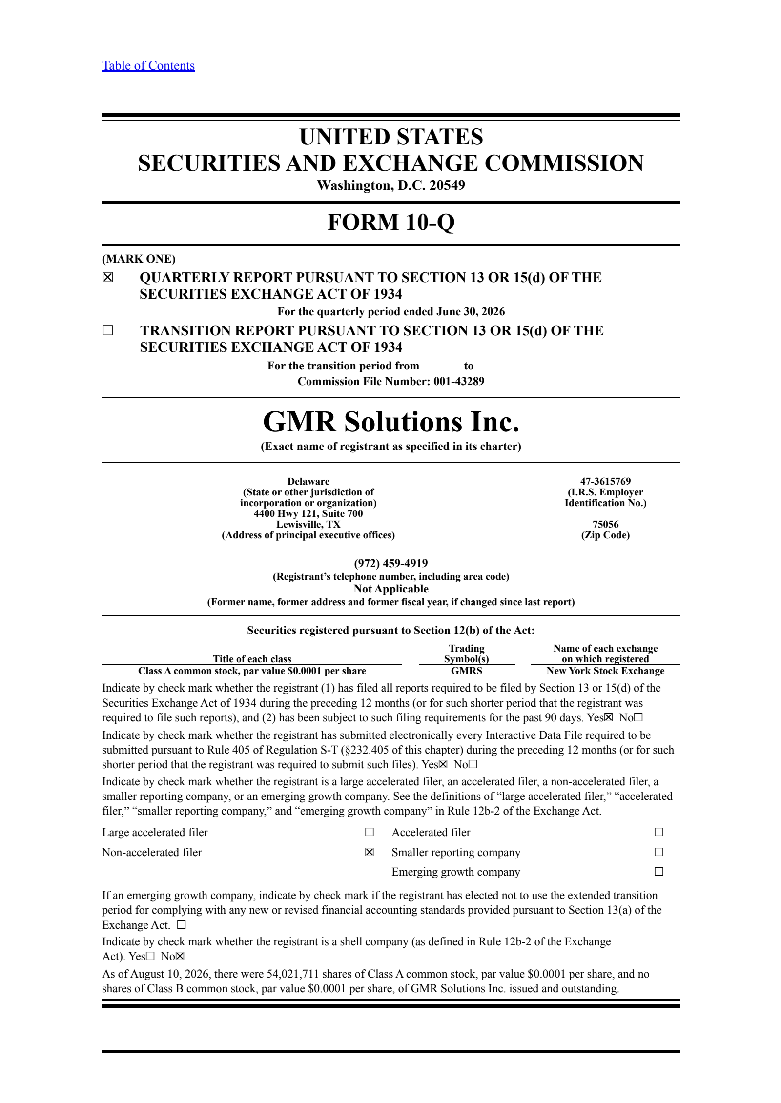 GMR Solutions' Q2 2026 Quarterly report