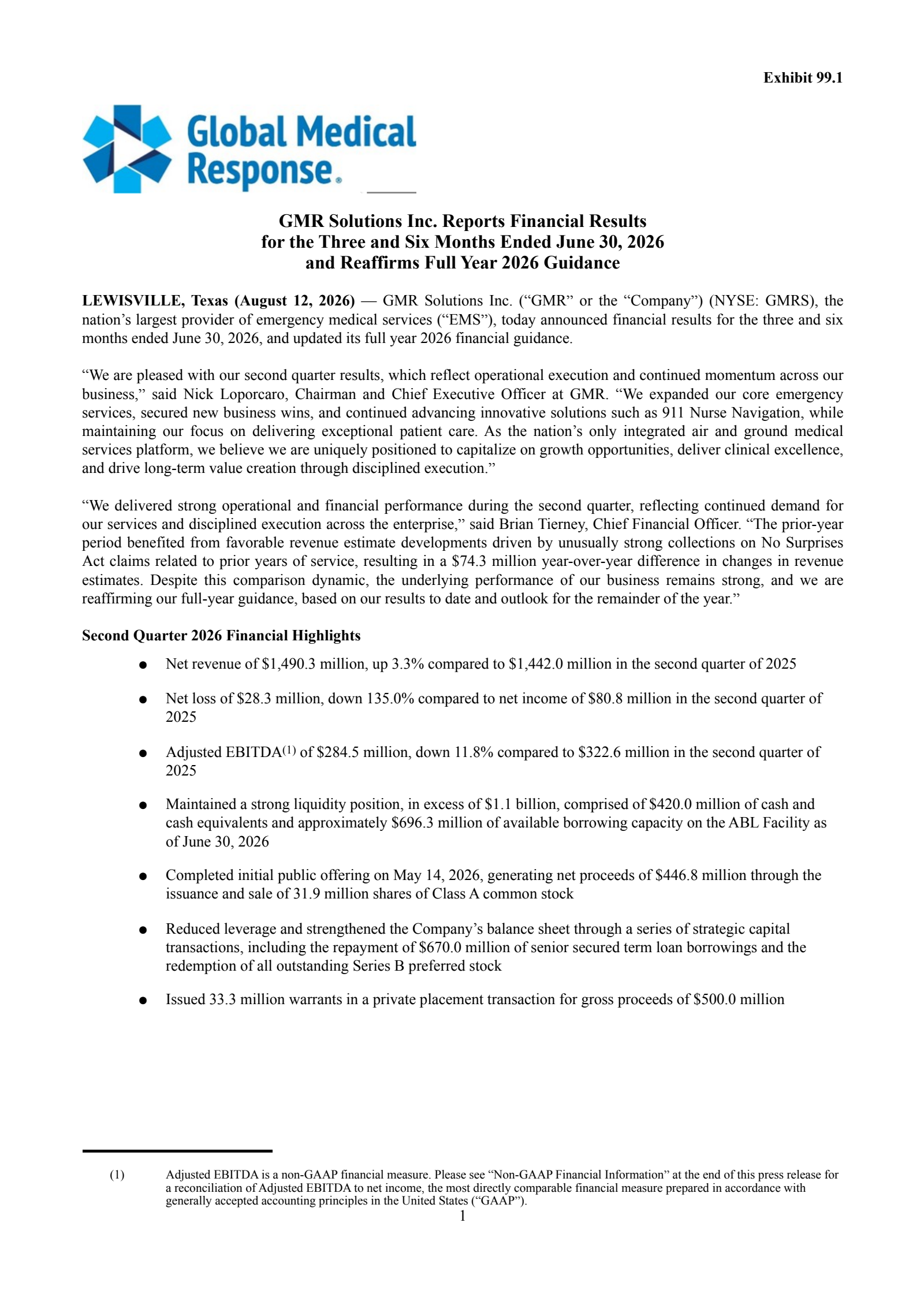 GMR Solutions' Q2 2026 Press Release