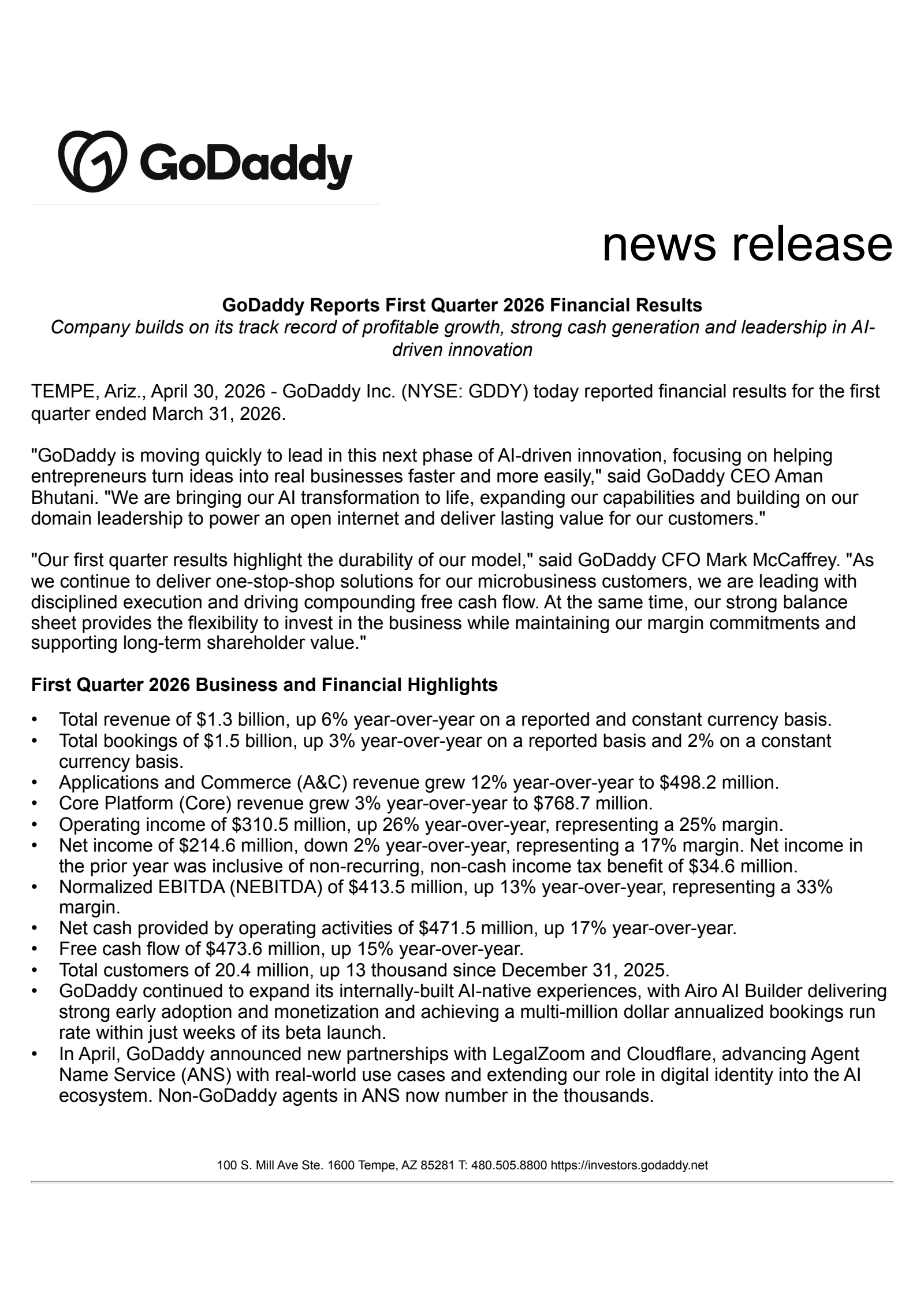 GoDaddy's Q1 2026 Press Release
