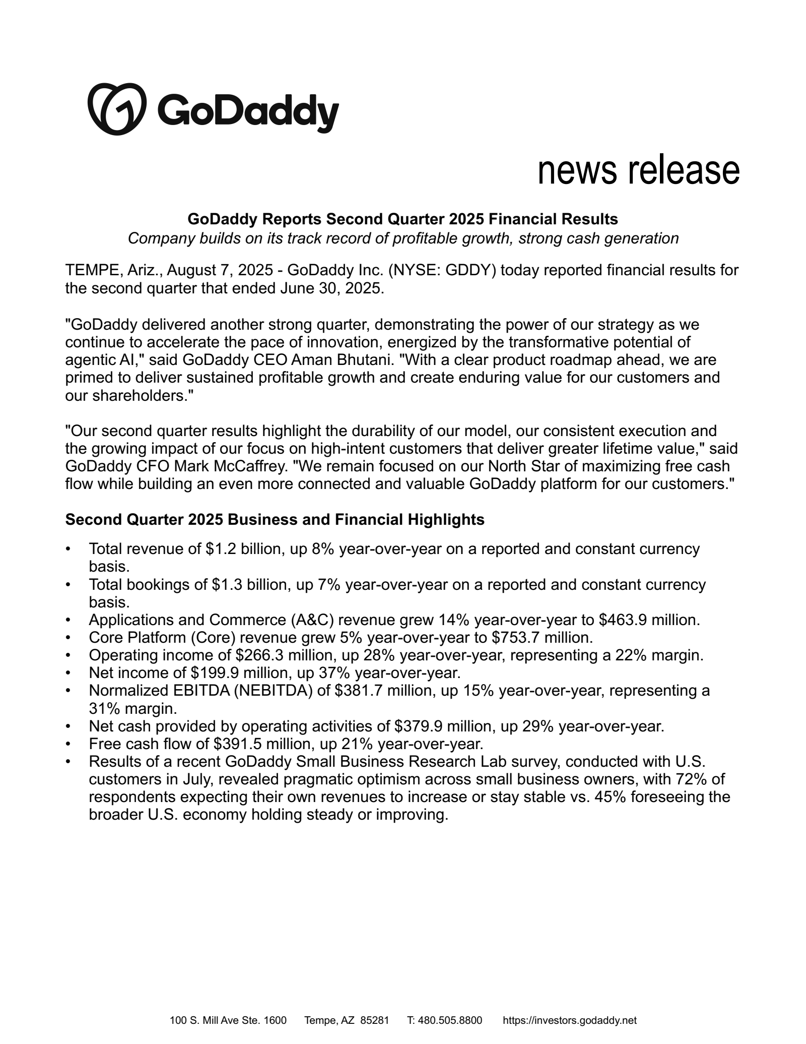 GoDaddy's Q2 2025 Press Release