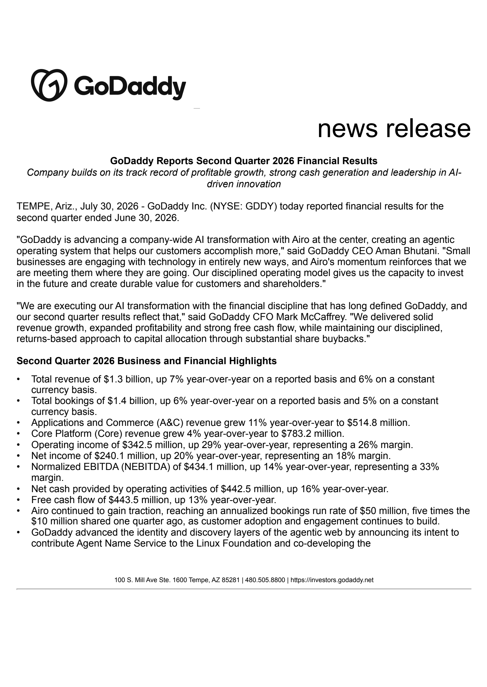 GoDaddy's Q2 2026 Press Release