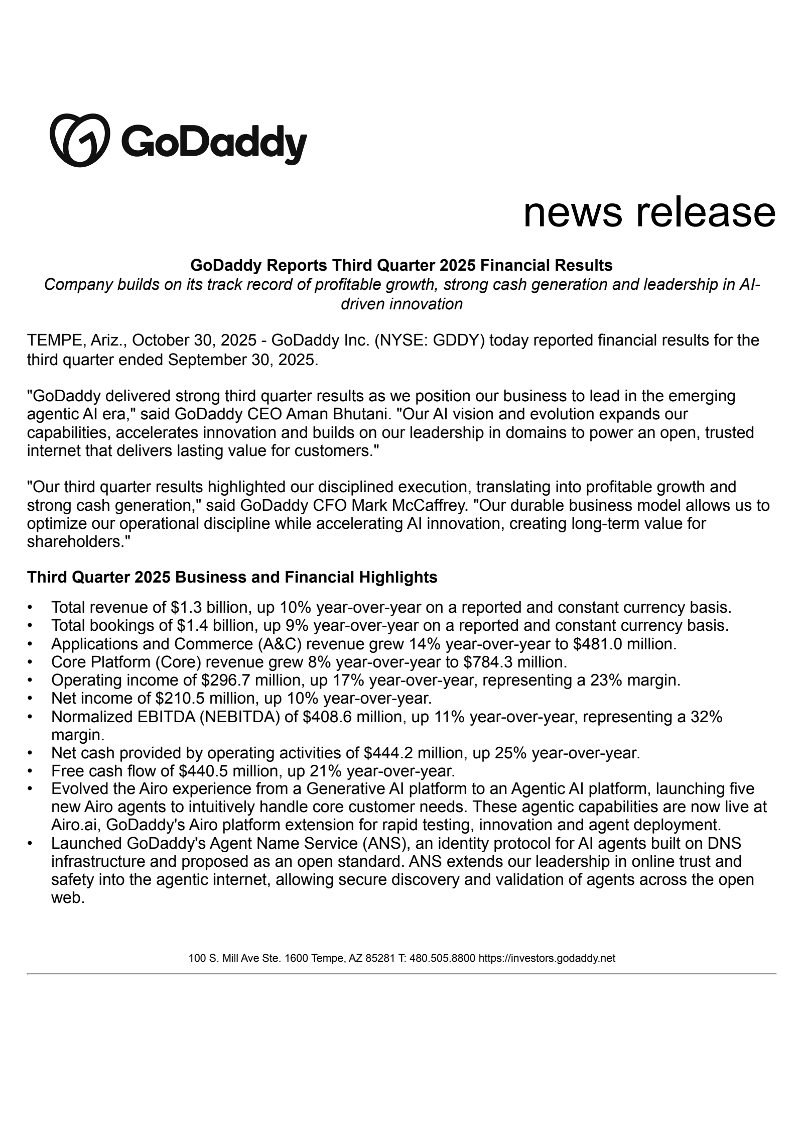GoDaddy's Q3 2025 Earnings Release