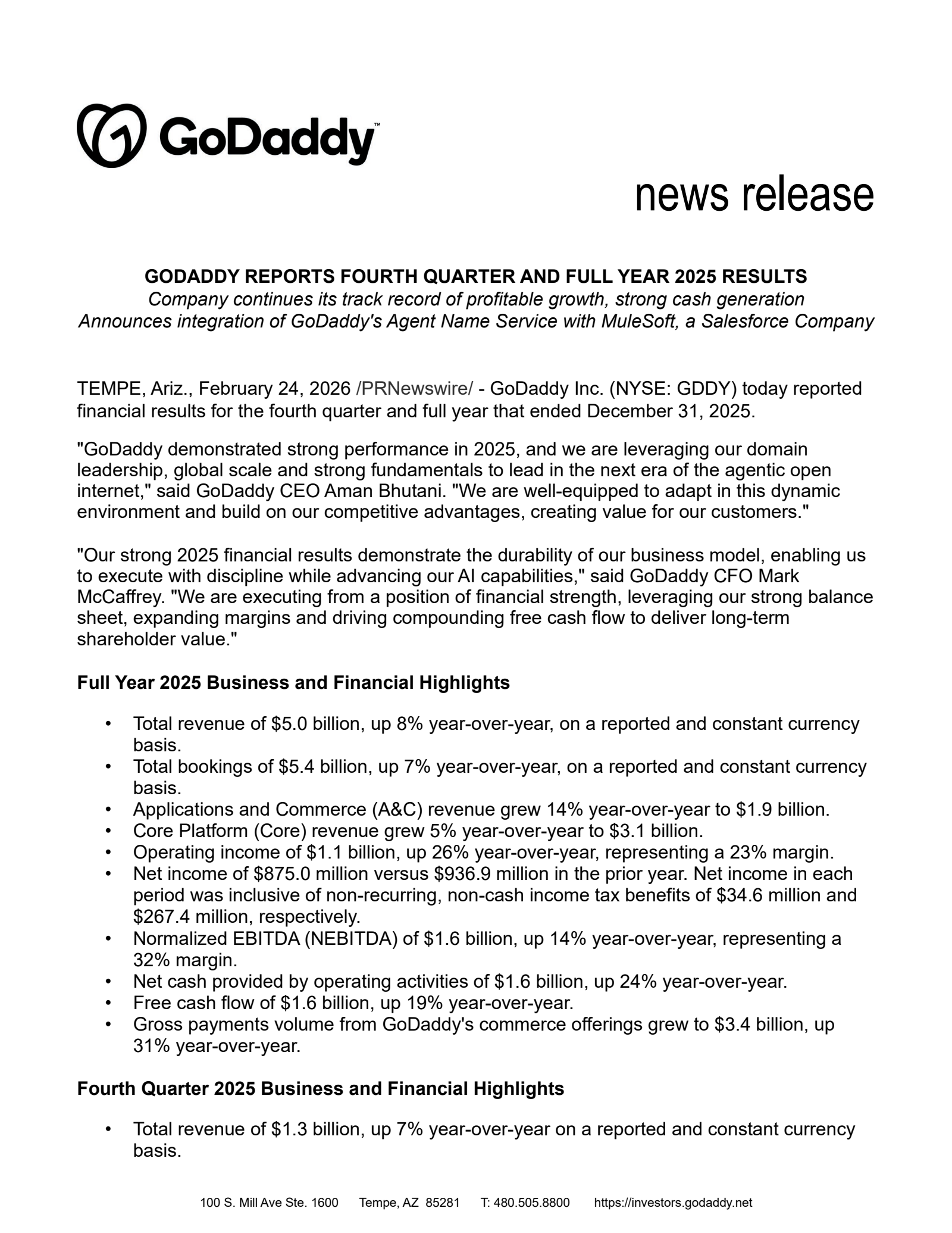 GoDaddy's Q4 2025 Press Release