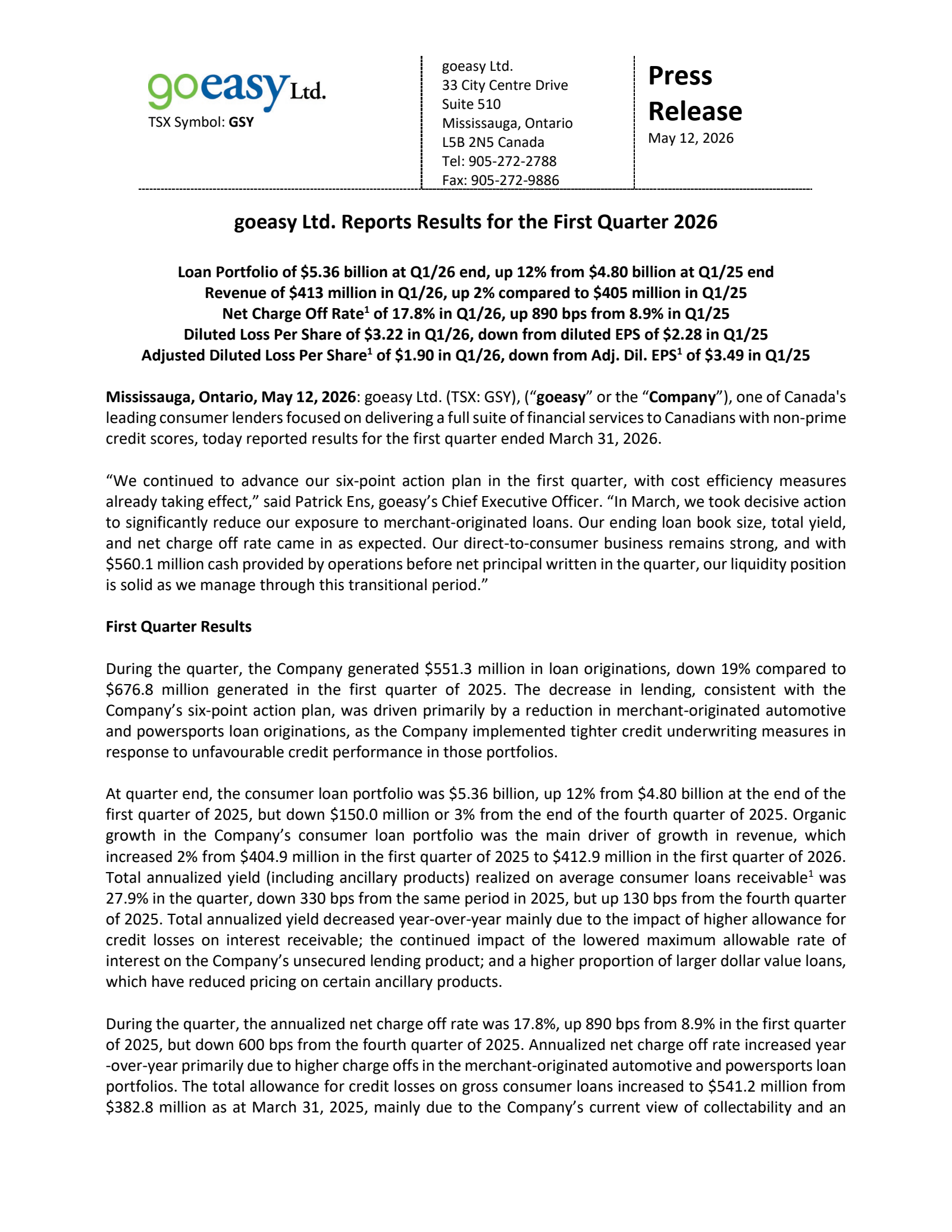 goeasy's Q1 2026 Press Release