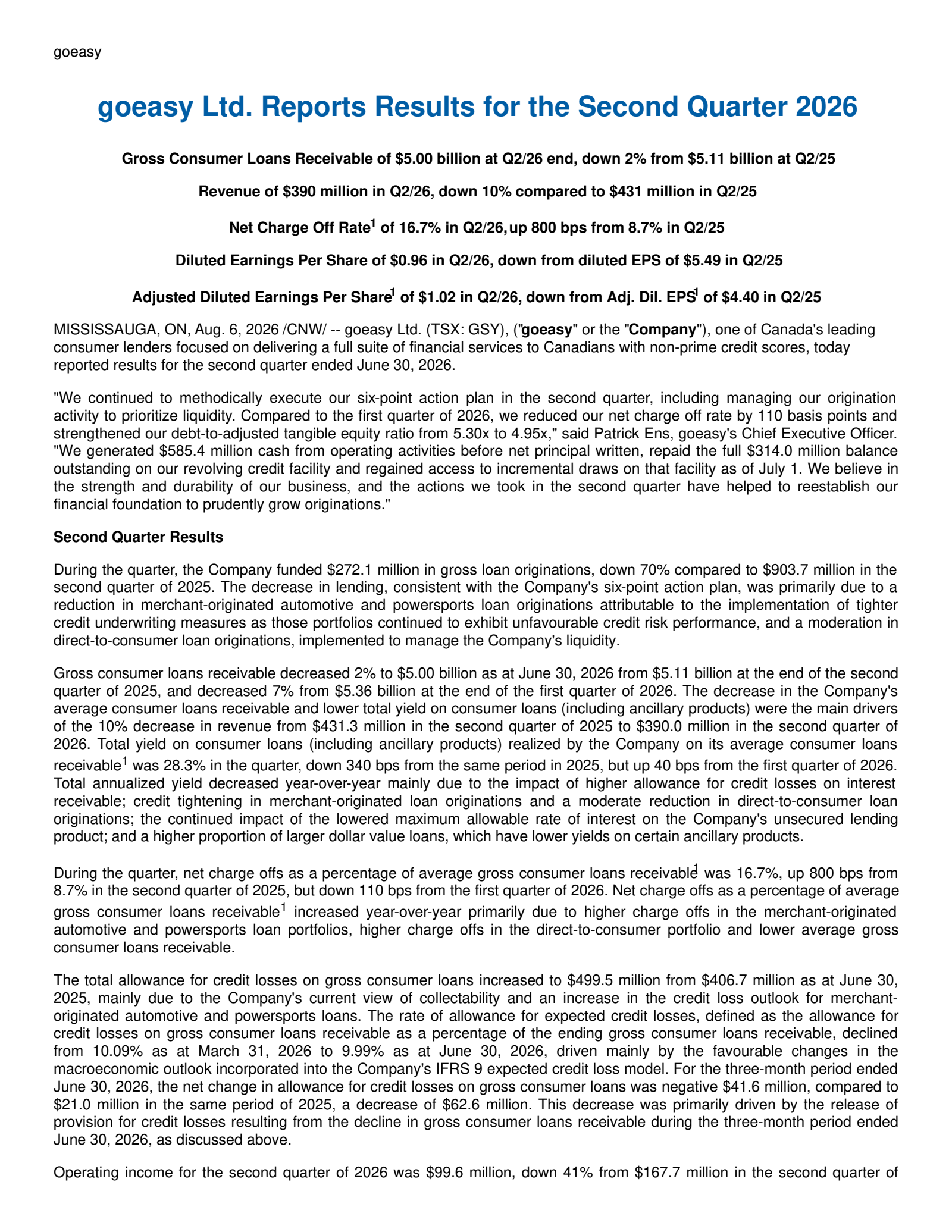 goeasy's Q2 2026 Press Release