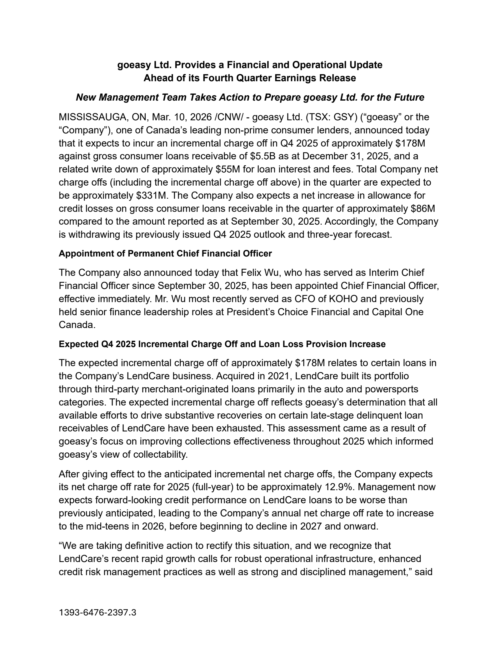 goeasy's Q4 2025 TU Press Release