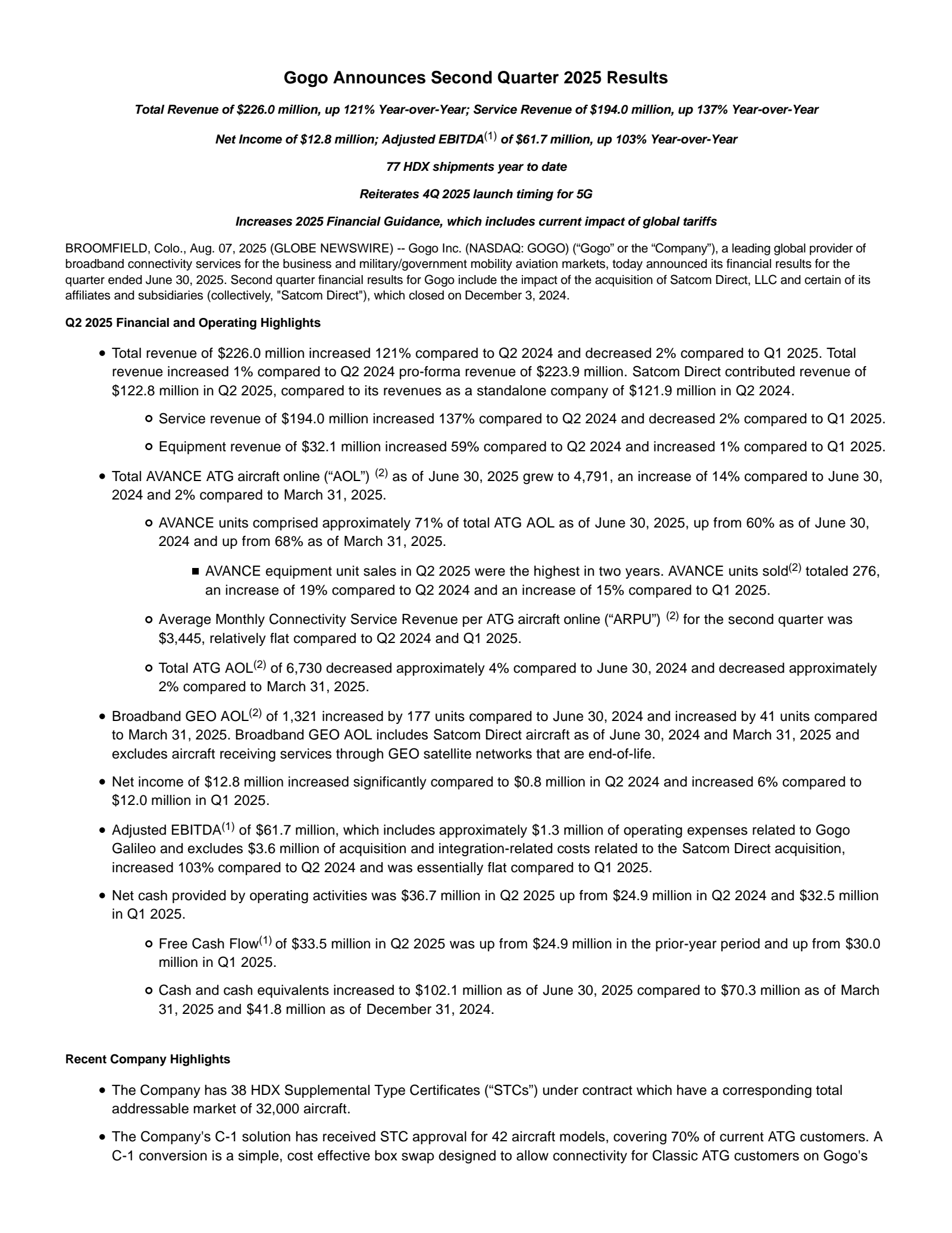 Gogo's Q2 2025 Press Release