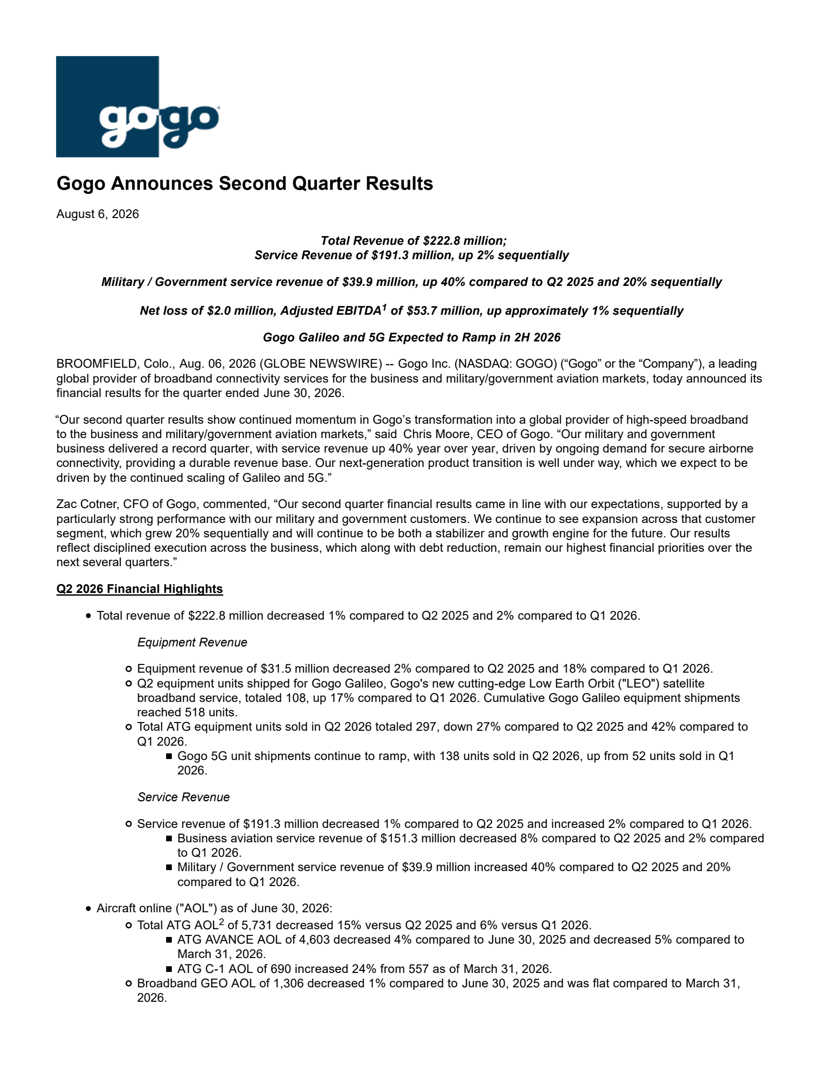 Gogo's Q2 2026 Press Release
