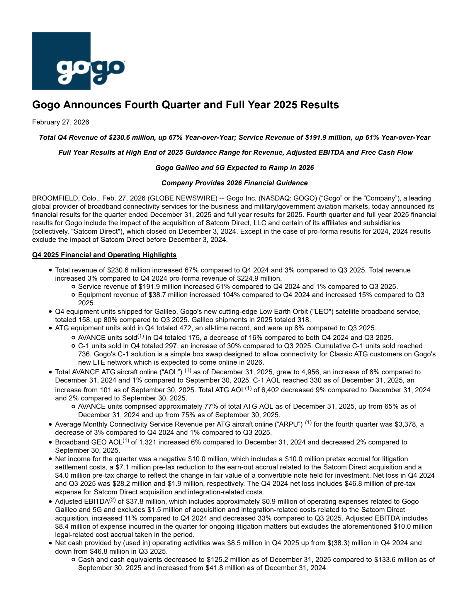 Gogo's Q4 2025 Press Release