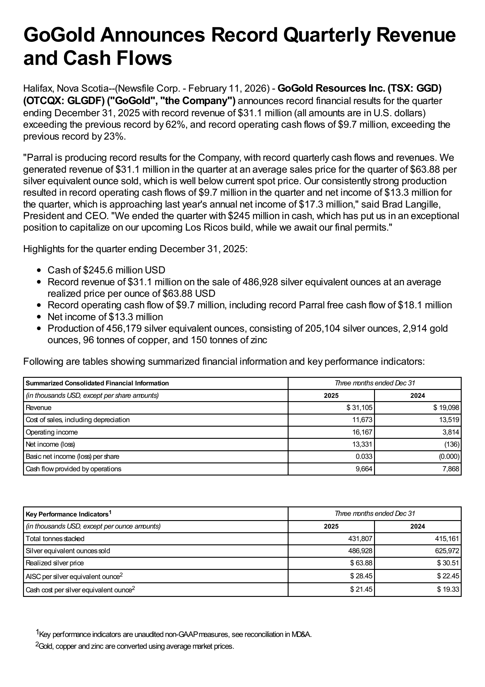 GoGold Resources' Q1 2026 Press Release