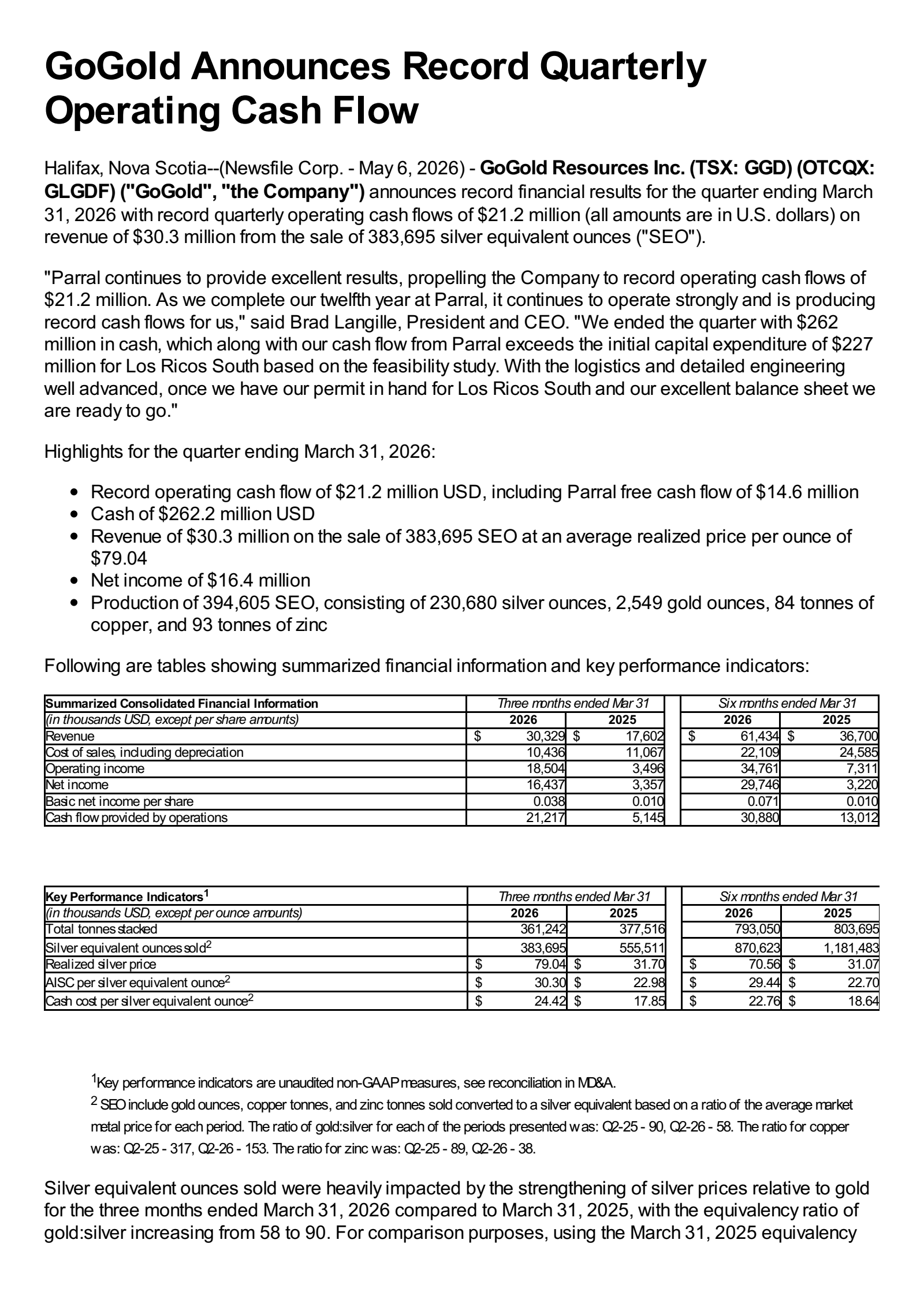 GoGold Resources' Q2 2026 Press Release
